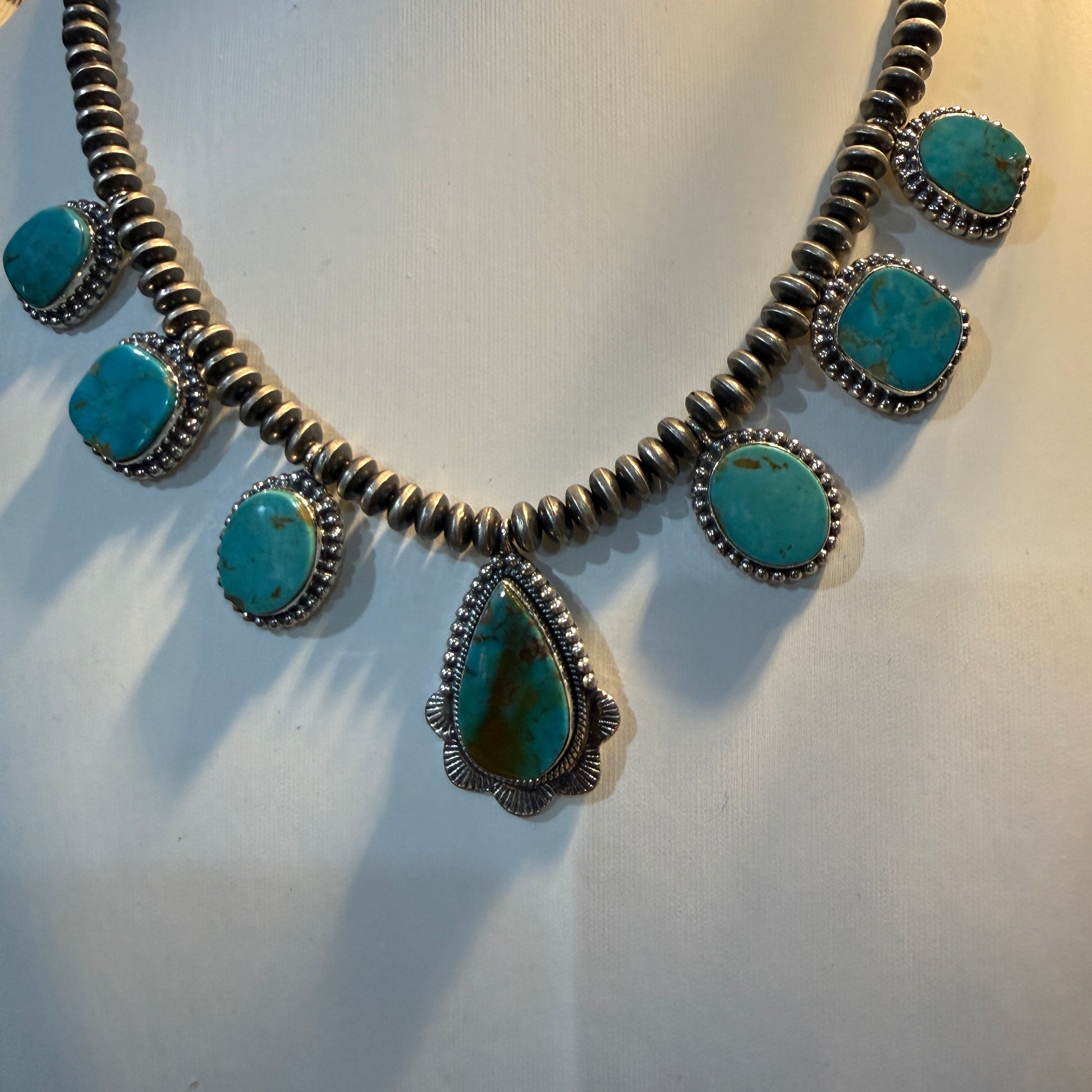 Number 8 Mine Turquoise Sterling Silver Saucer Desert Pearl Necklace, 16 Inch Pearls Wild West Boho