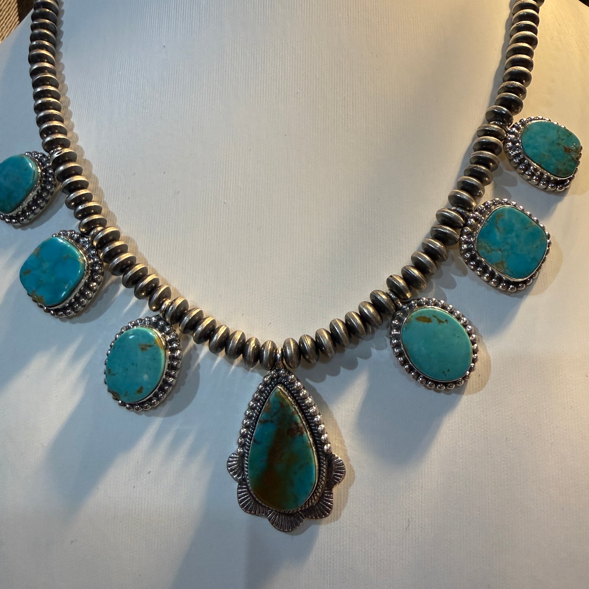 Number 8 Mine Turquoise Sterling Silver Saucer Desert Pearl Necklace, 16 Inch Pearls Wild West Boho