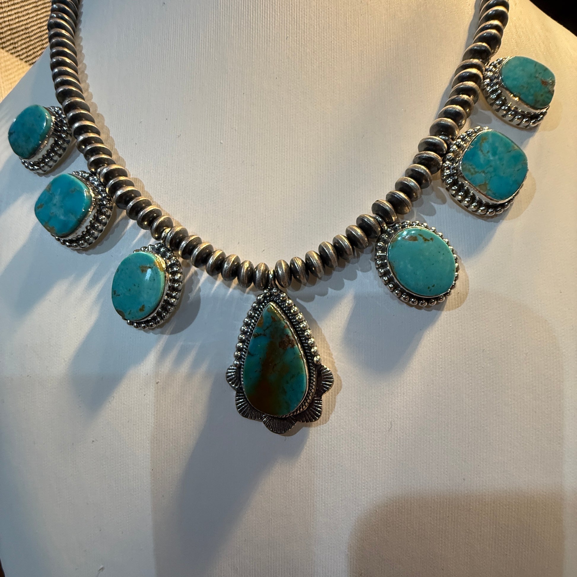 Number 8 Mine Turquoise Sterling Silver Saucer Desert Pearl Necklace, 16 Inch Pearls Wild West Boho