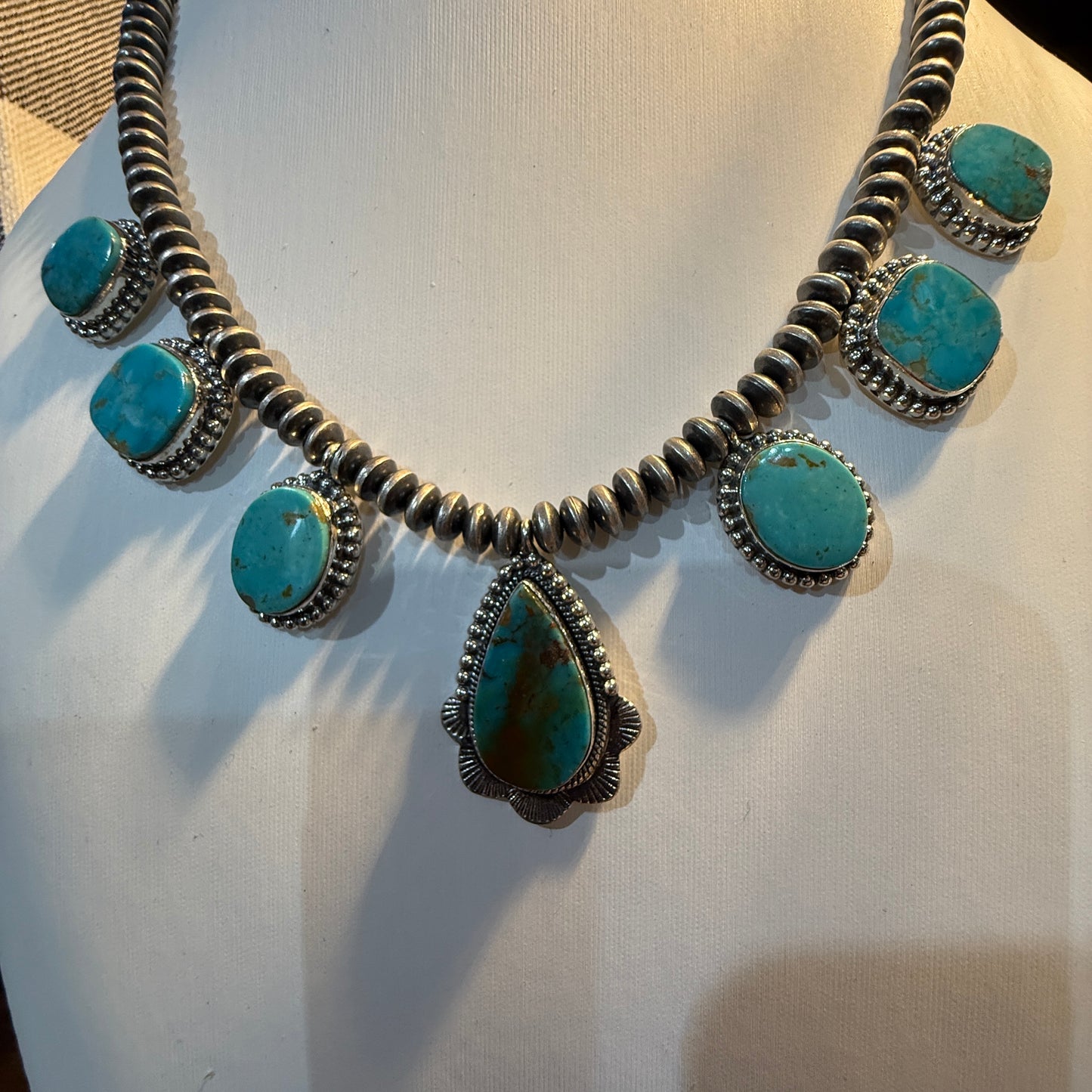 Number 8 Mine Turquoise Sterling Silver Saucer Desert Pearl Necklace, 16 Inch Pearls Wild West Boho