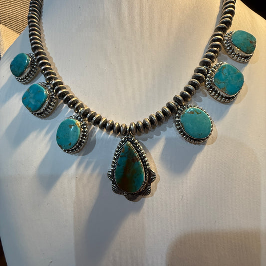 Number 8 Mine Turquoise Sterling Silver Saucer Desert Pearl Necklace, 16 Inch Pearls Wild West Boho