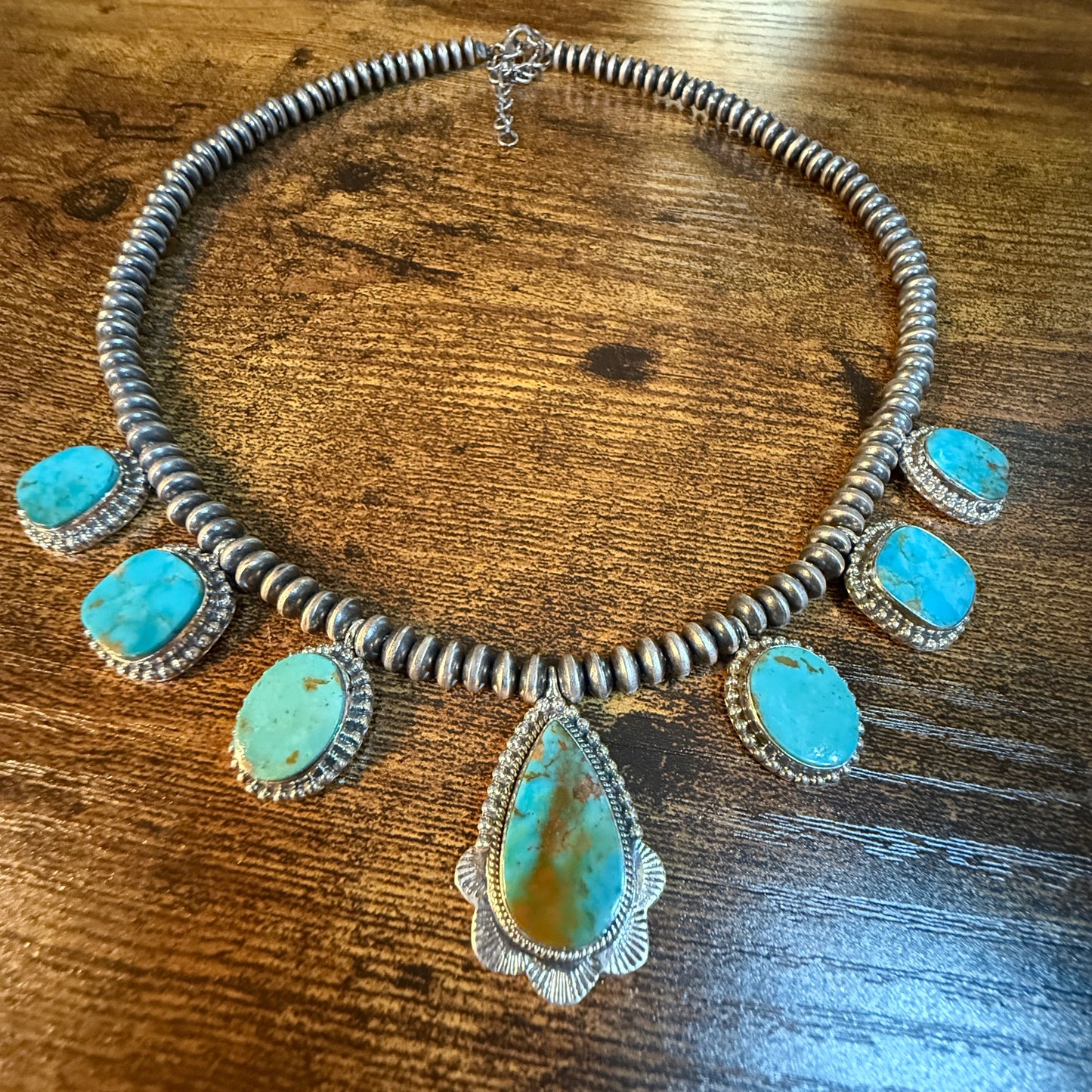 Number 8 Mine Turquoise Sterling Silver Saucer Desert Pearl Necklace, 16 Inch Pearls Wild West Boho