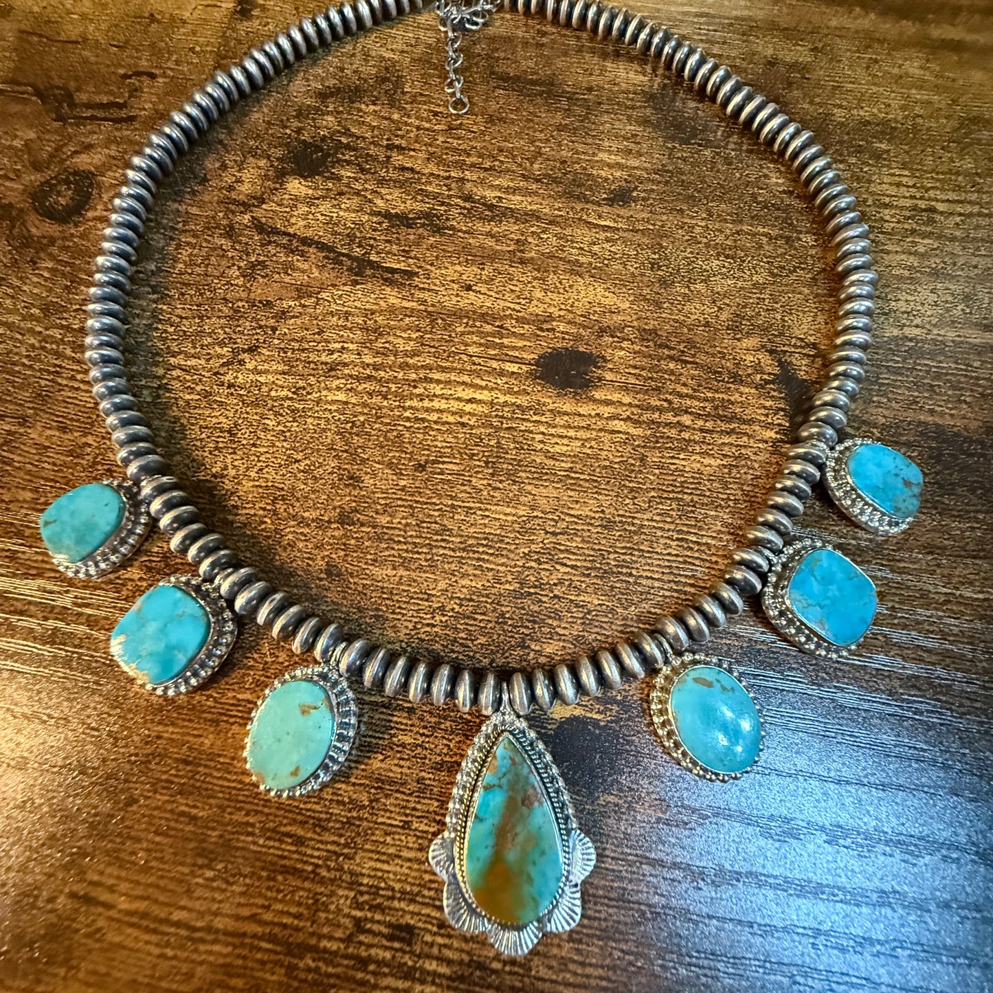 Number 8 Mine Turquoise Sterling Silver Saucer Desert Pearl Necklace, 16 Inch Pearls Wild West Boho