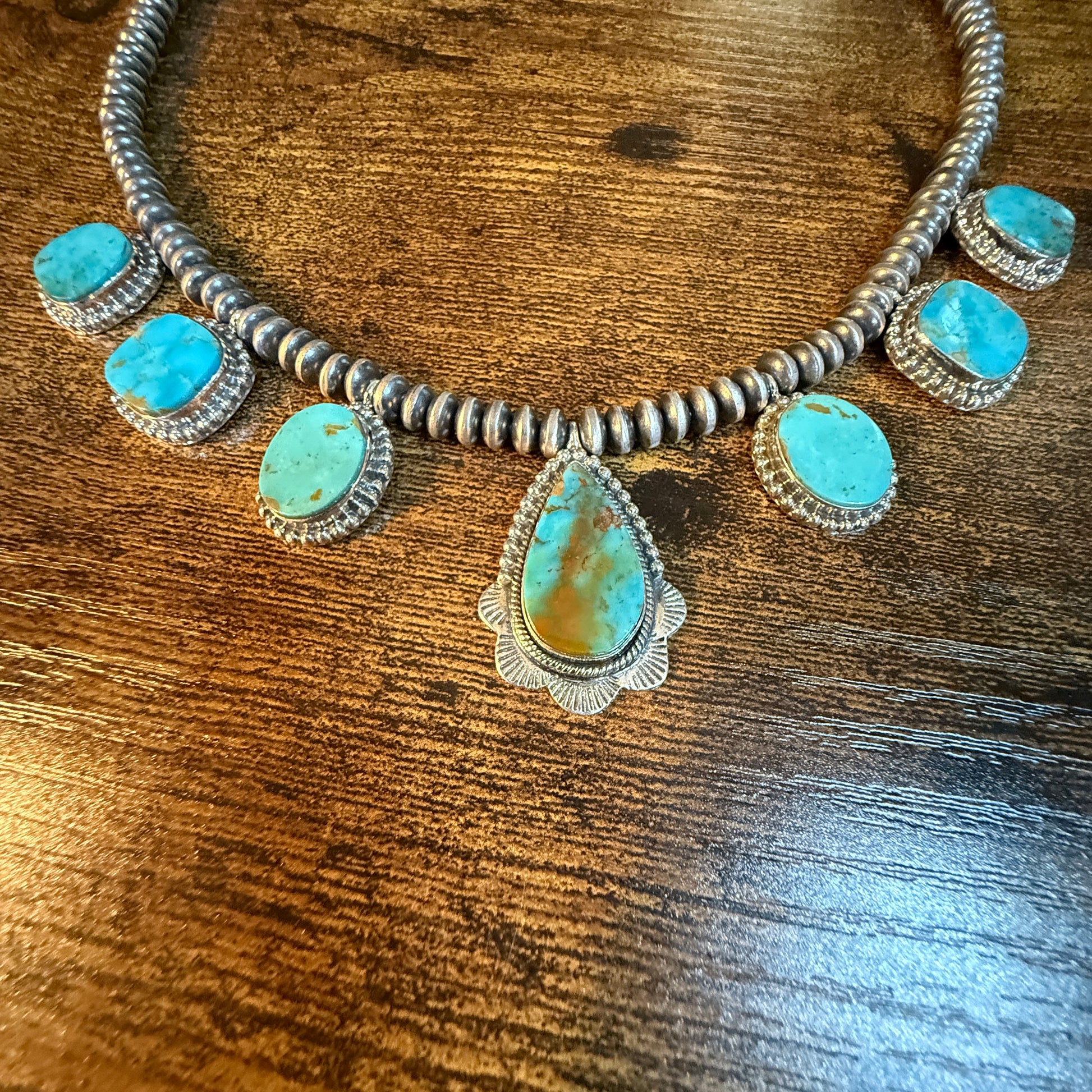 Number 8 Mine Turquoise Sterling Silver Saucer Desert Pearl Necklace, 16 Inch Pearls Wild West Boho