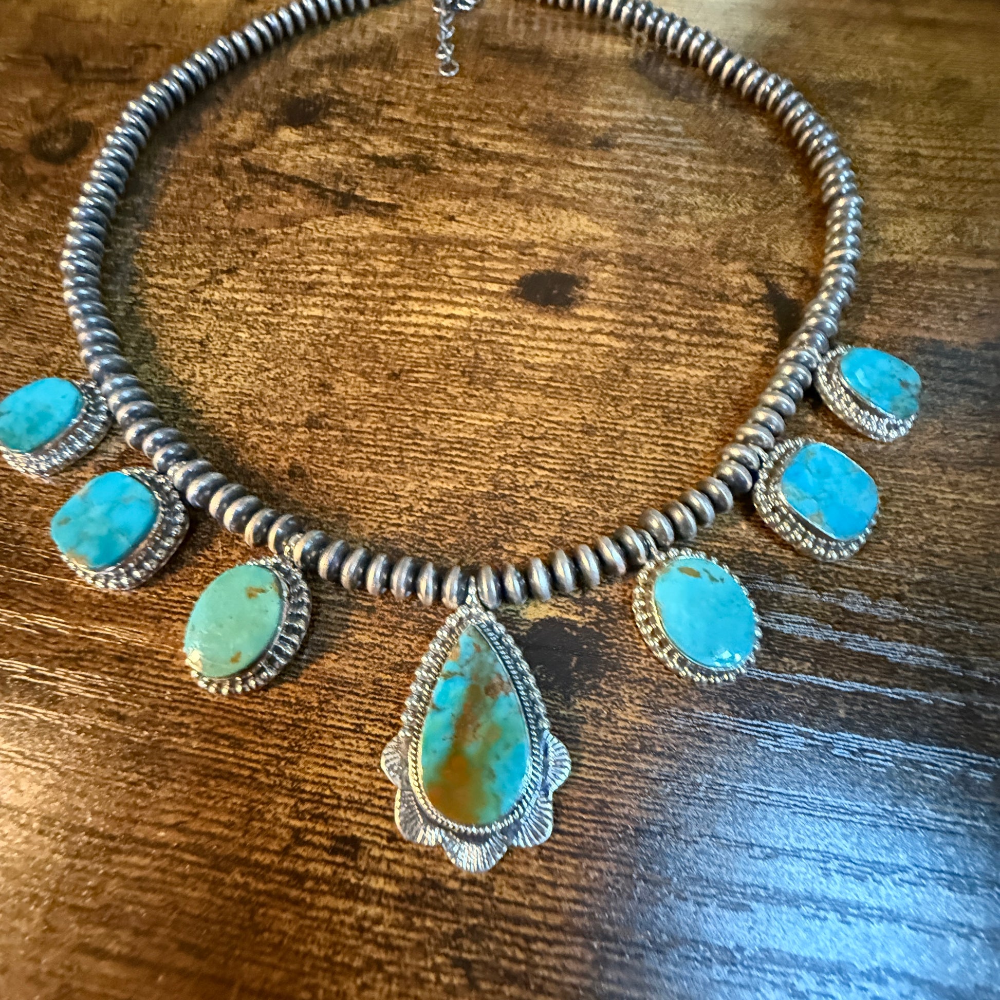 Number 8 Mine Turquoise Sterling Silver Saucer Desert Pearl Necklace, 16 Inch Pearls Wild West Boho