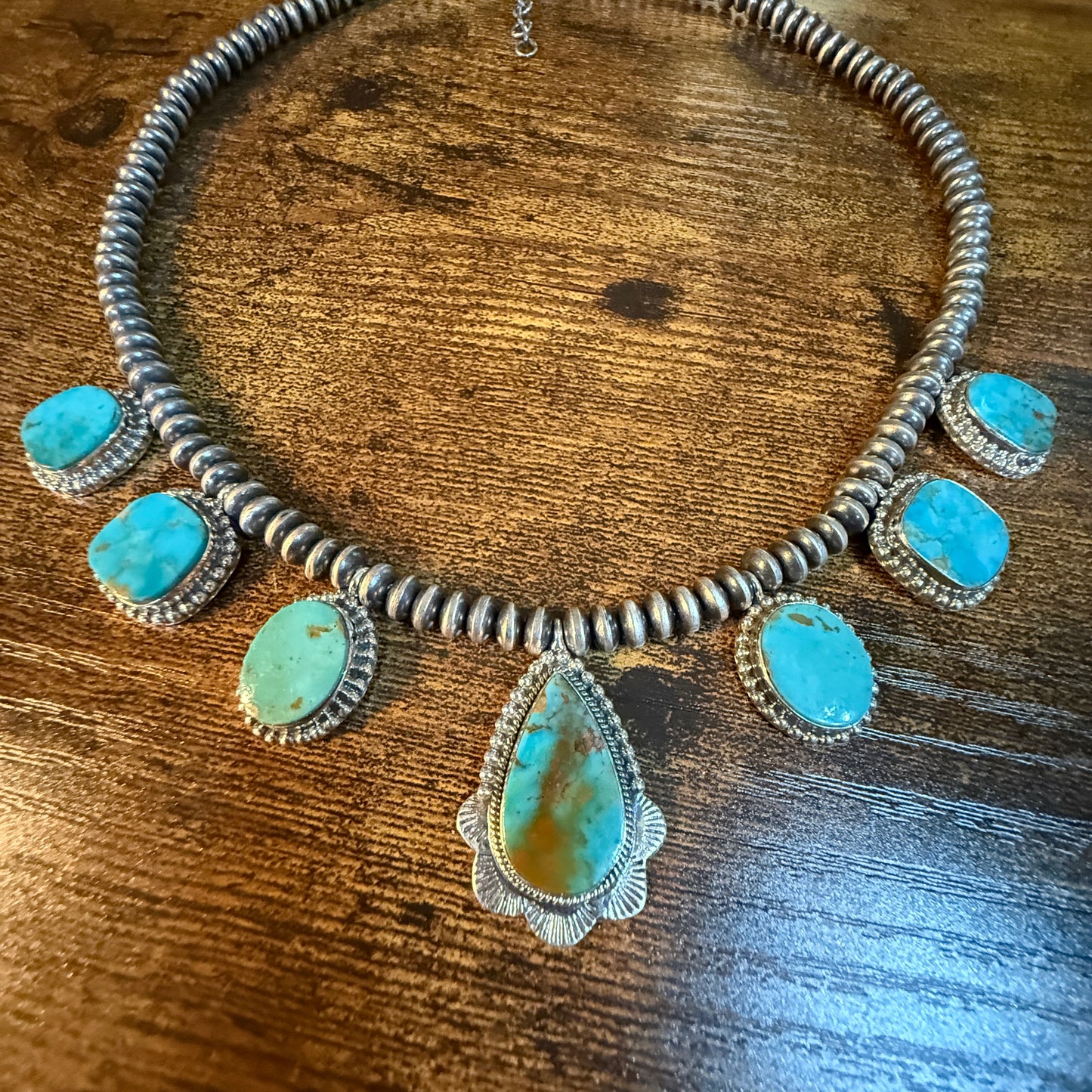 Number 8 Mine Turquoise Sterling Silver Saucer Desert Pearl Necklace, 16 Inch Pearls Wild West Boho