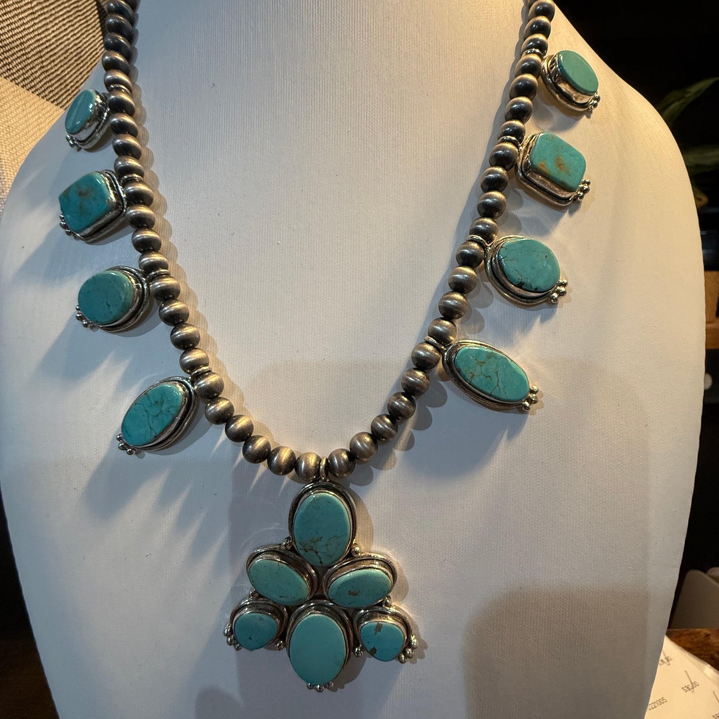 Number 8 Mine Turquoise Gemstones Sterling Silver 18 Inch Desert Pearl Necklace Wild West Boho
