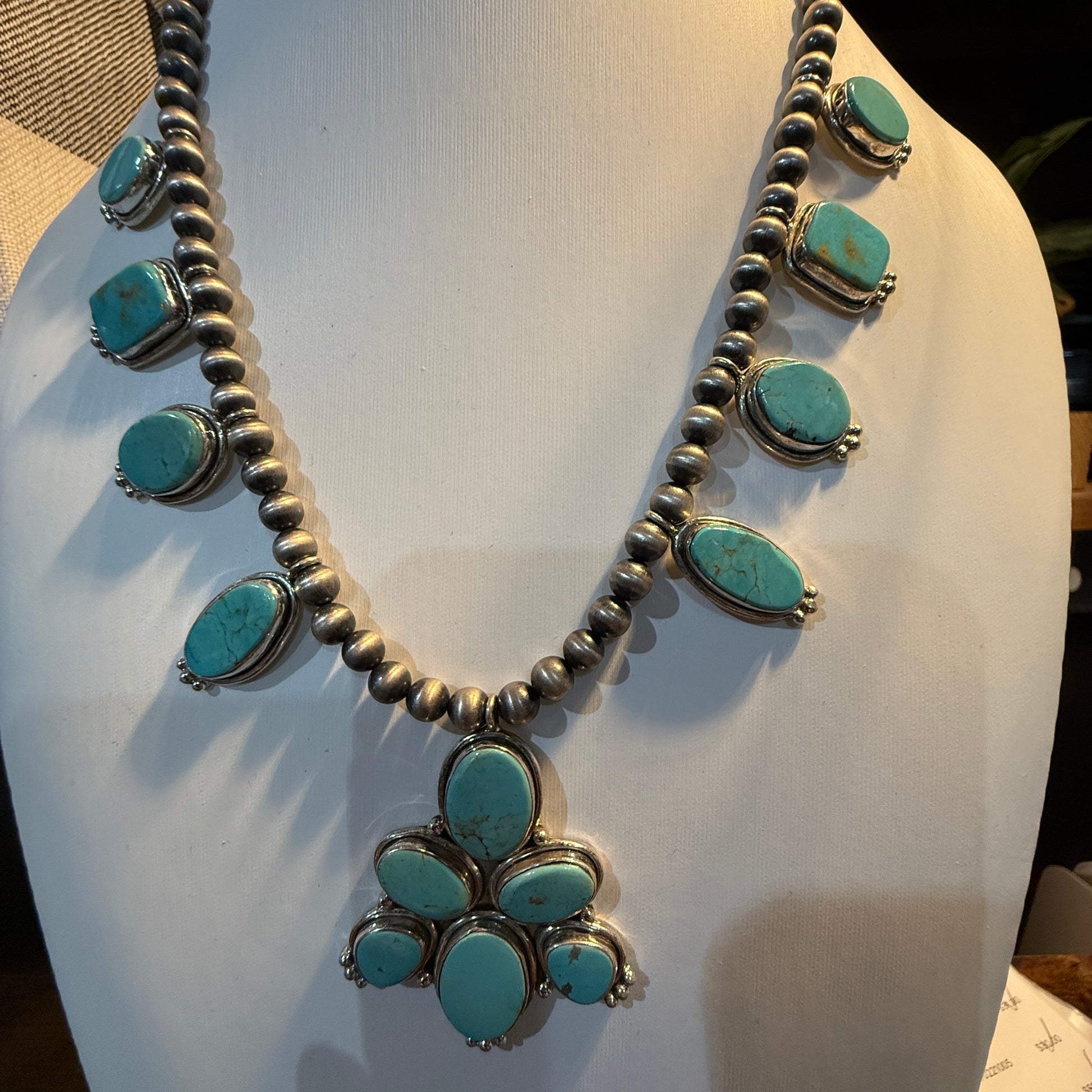 Number 8 Mine Turquoise Gemstones Sterling Silver 18 Inch Desert Pearl Necklace Wild West Boho