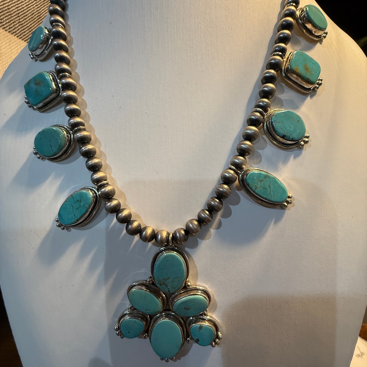 Number 8 Mine Turquoise Gemstones Sterling Silver 18 Inch Desert Pearl Necklace Wild West Boho