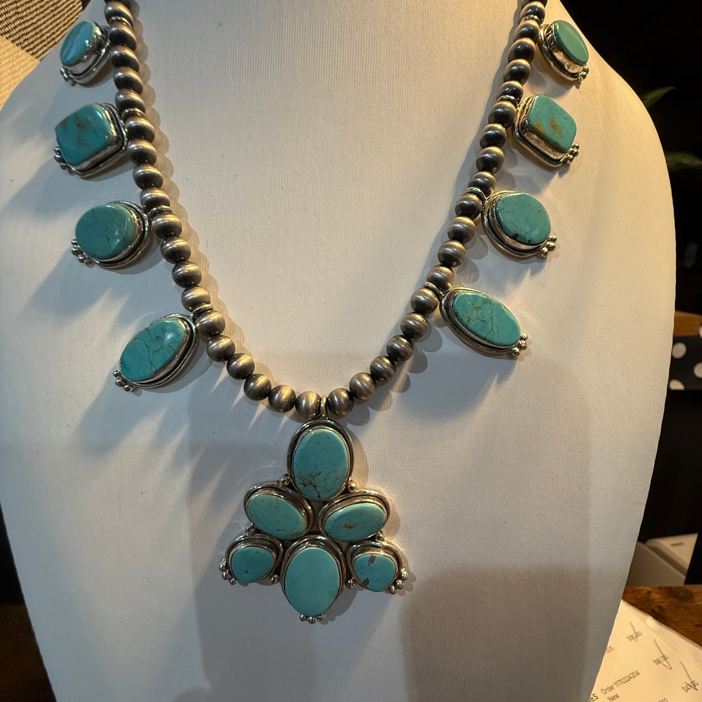 Number 8 Mine Turquoise Gemstones Sterling Silver 18 Inch Desert Pearl Necklace Wild West Boho