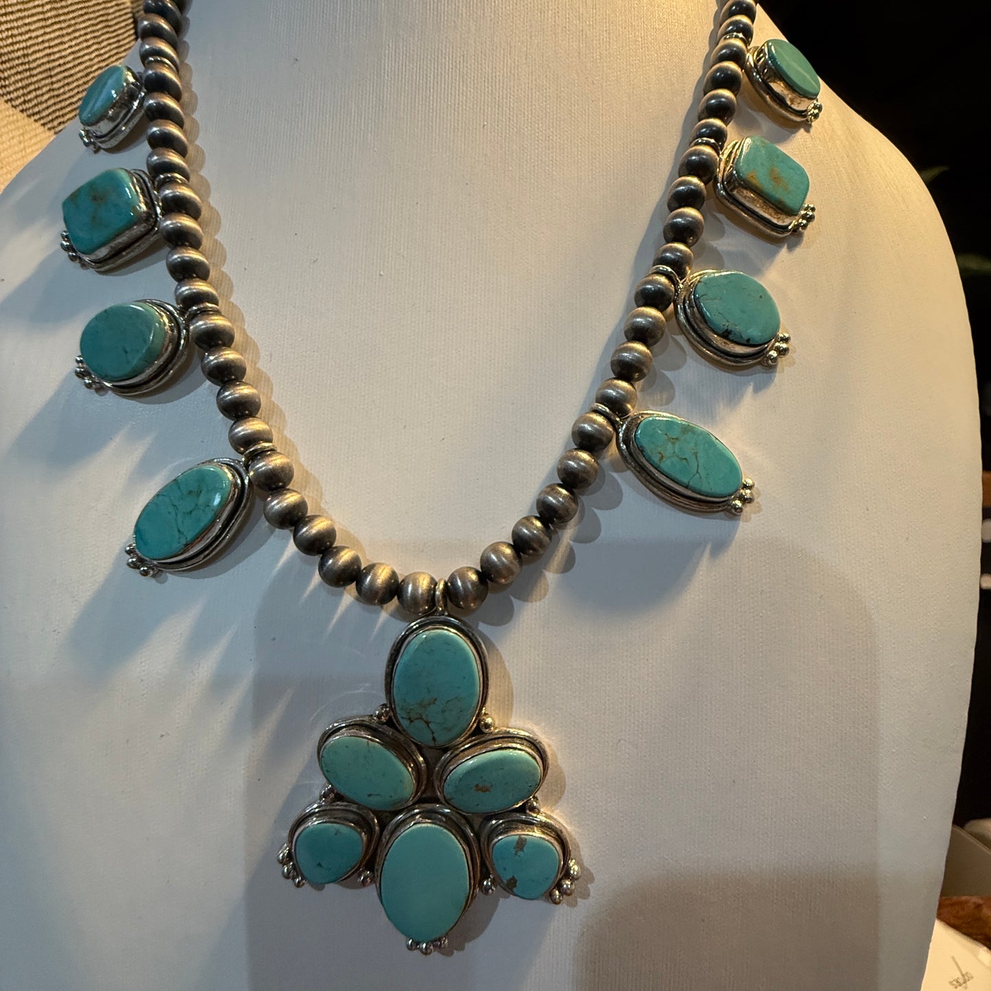 Number 8 Mine Turquoise Gemstones Sterling Silver 18 Inch Desert Pearl Necklace Wild West Boho