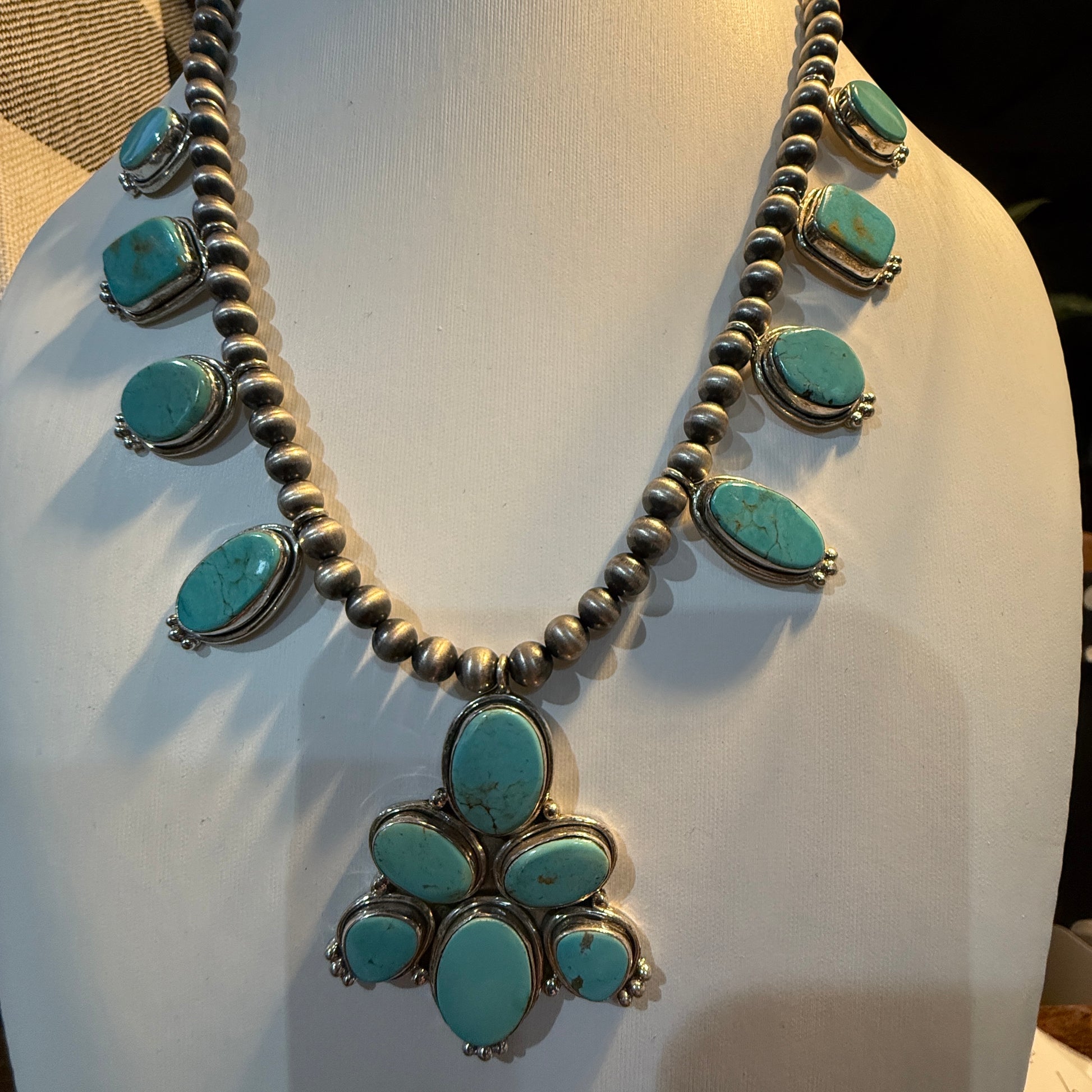 Number 8 Mine Turquoise Gemstones Sterling Silver 18 Inch Desert Pearl Necklace Wild West Boho