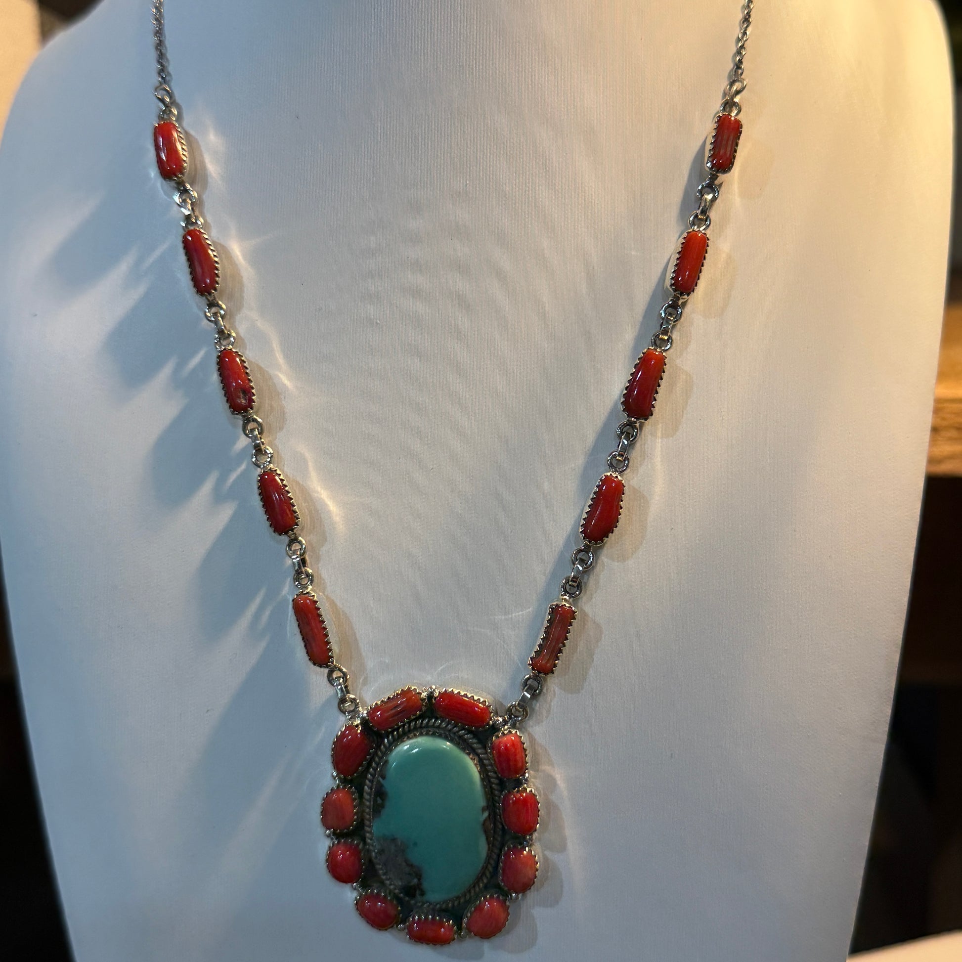 Kingman Turquoise and Mediterranean Coral Necklace, Sterling Silver Wild West Boho