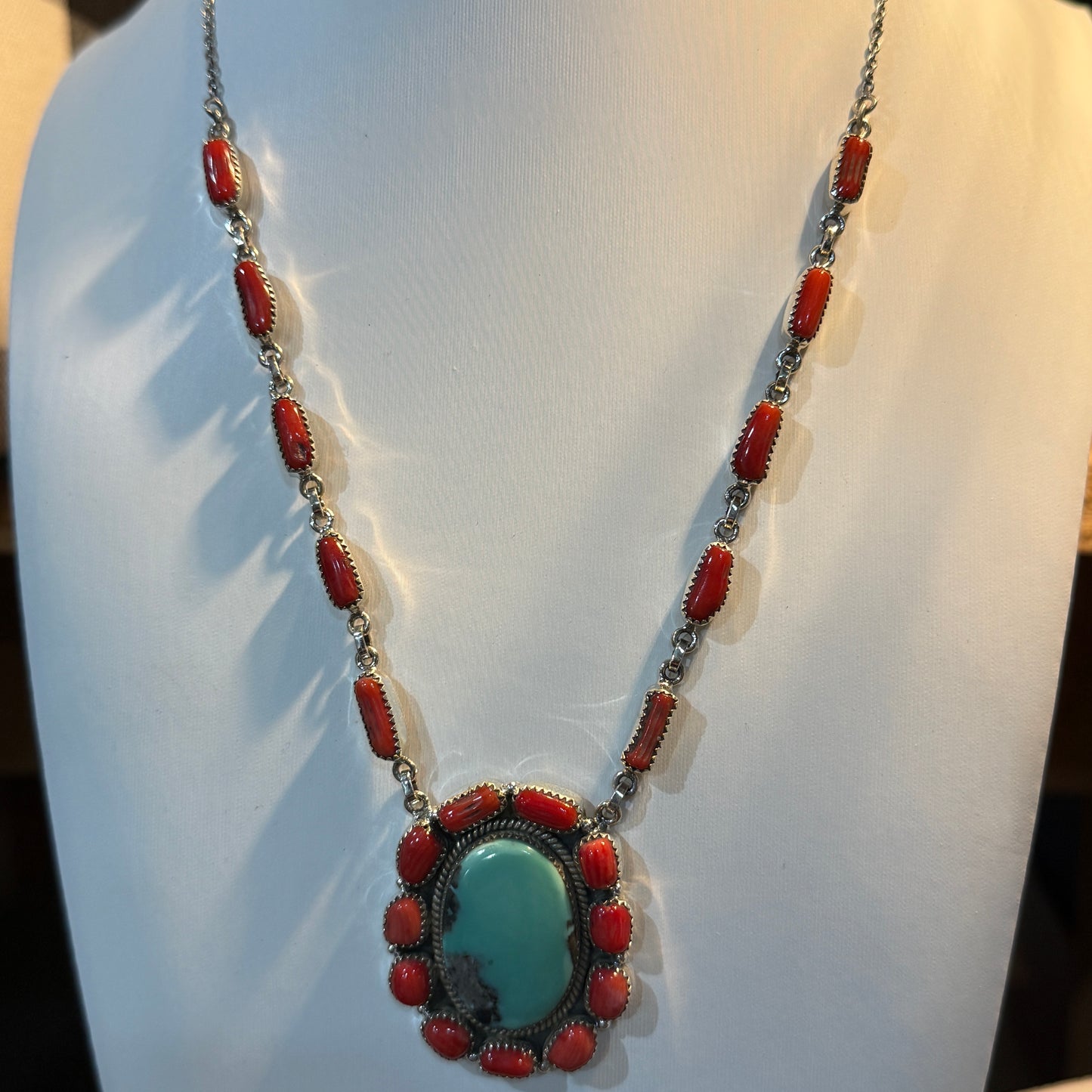 Kingman Turquoise and Mediterranean Coral Necklace, Sterling Silver Wild West Boho