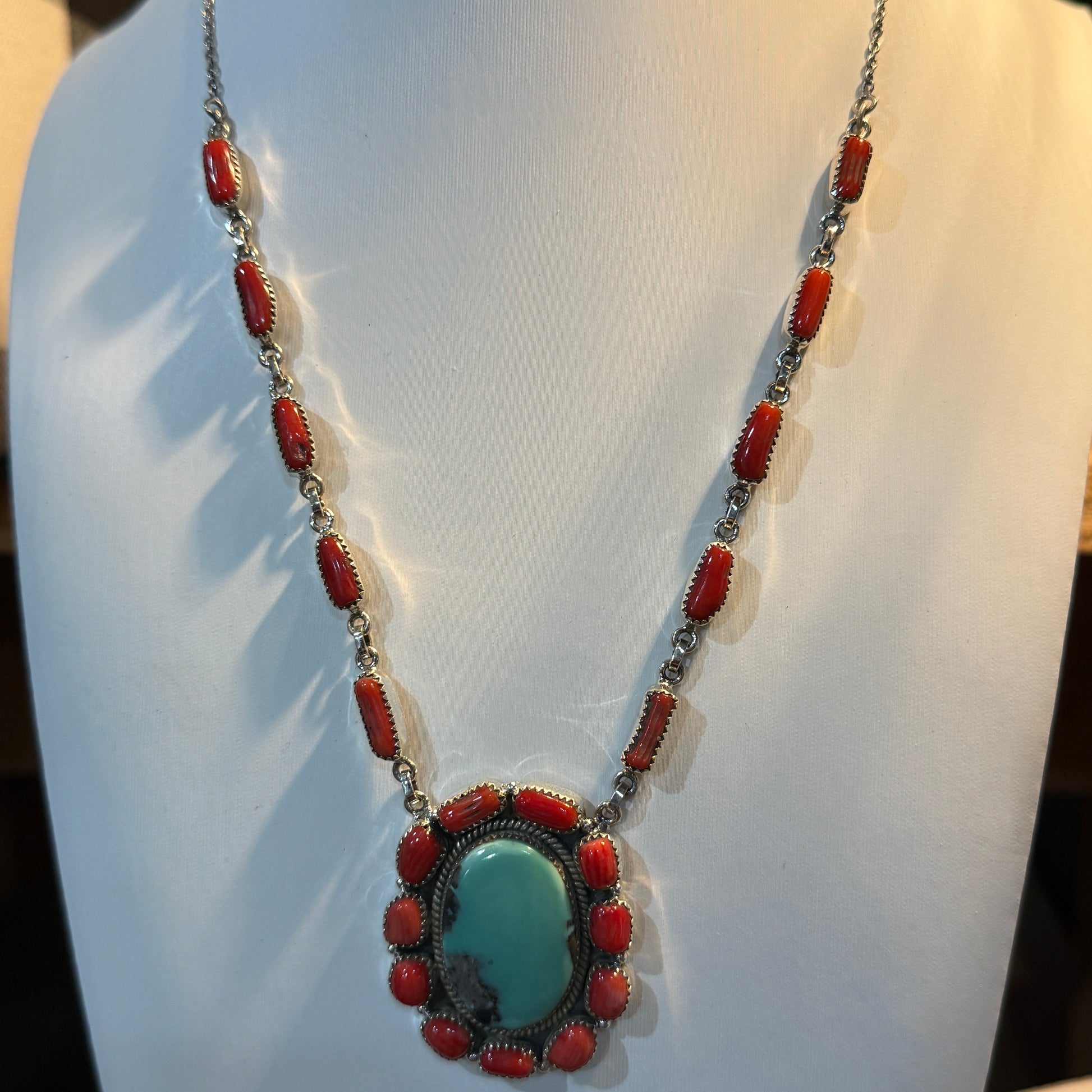 Kingman Turquoise and Mediterranean Coral Necklace, Sterling Silver Wild West Boho