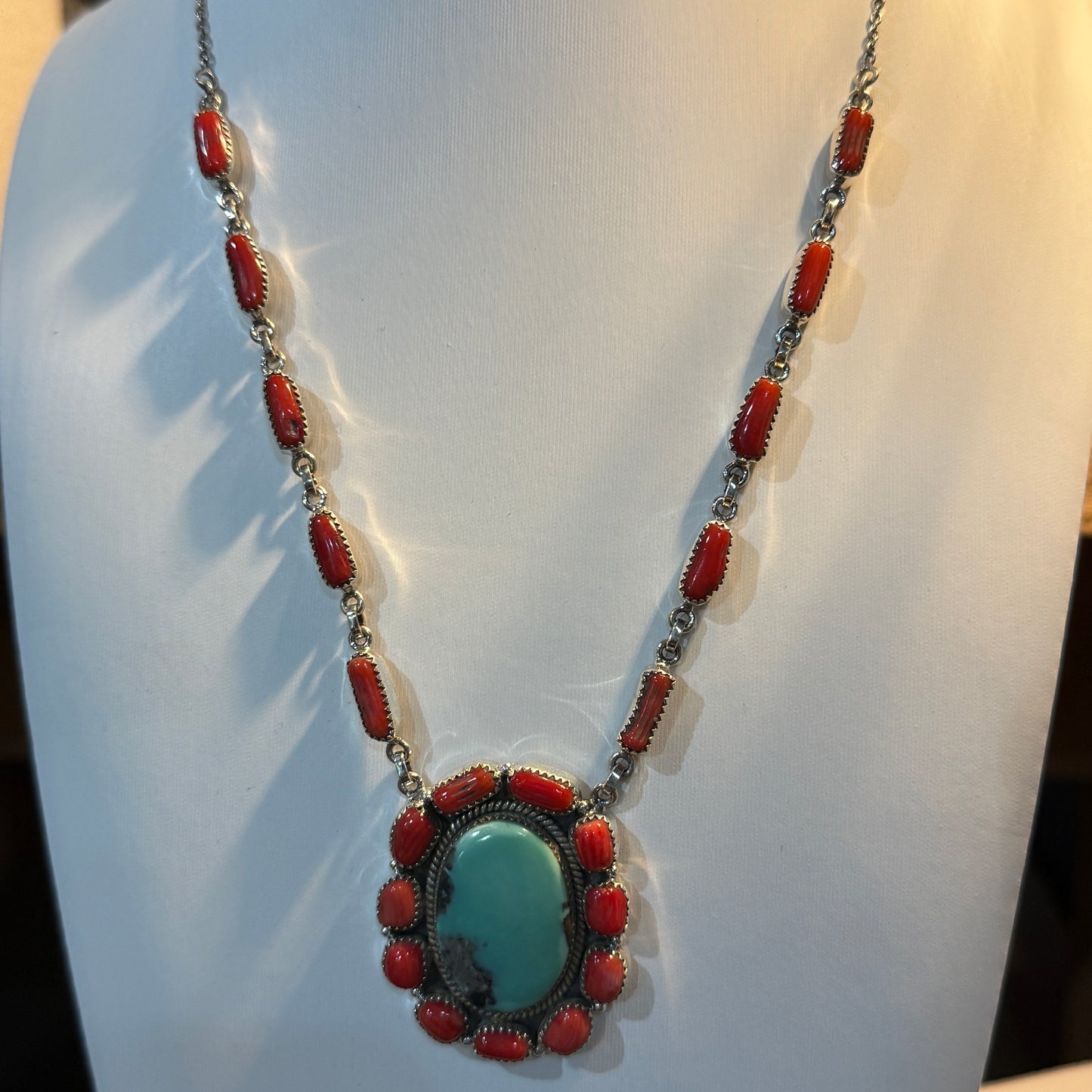 Kingman Turquoise and Mediterranean Coral Necklace, Sterling Silver Wild West Boho