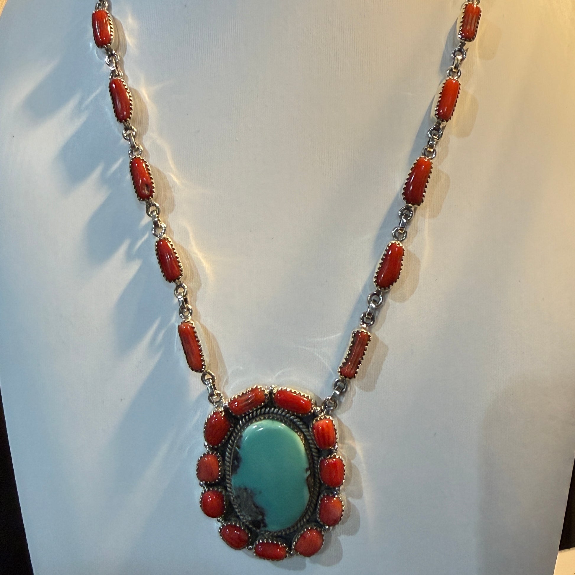 Kingman Turquoise and Mediterranean Coral Necklace, Sterling Silver Wild West Boho