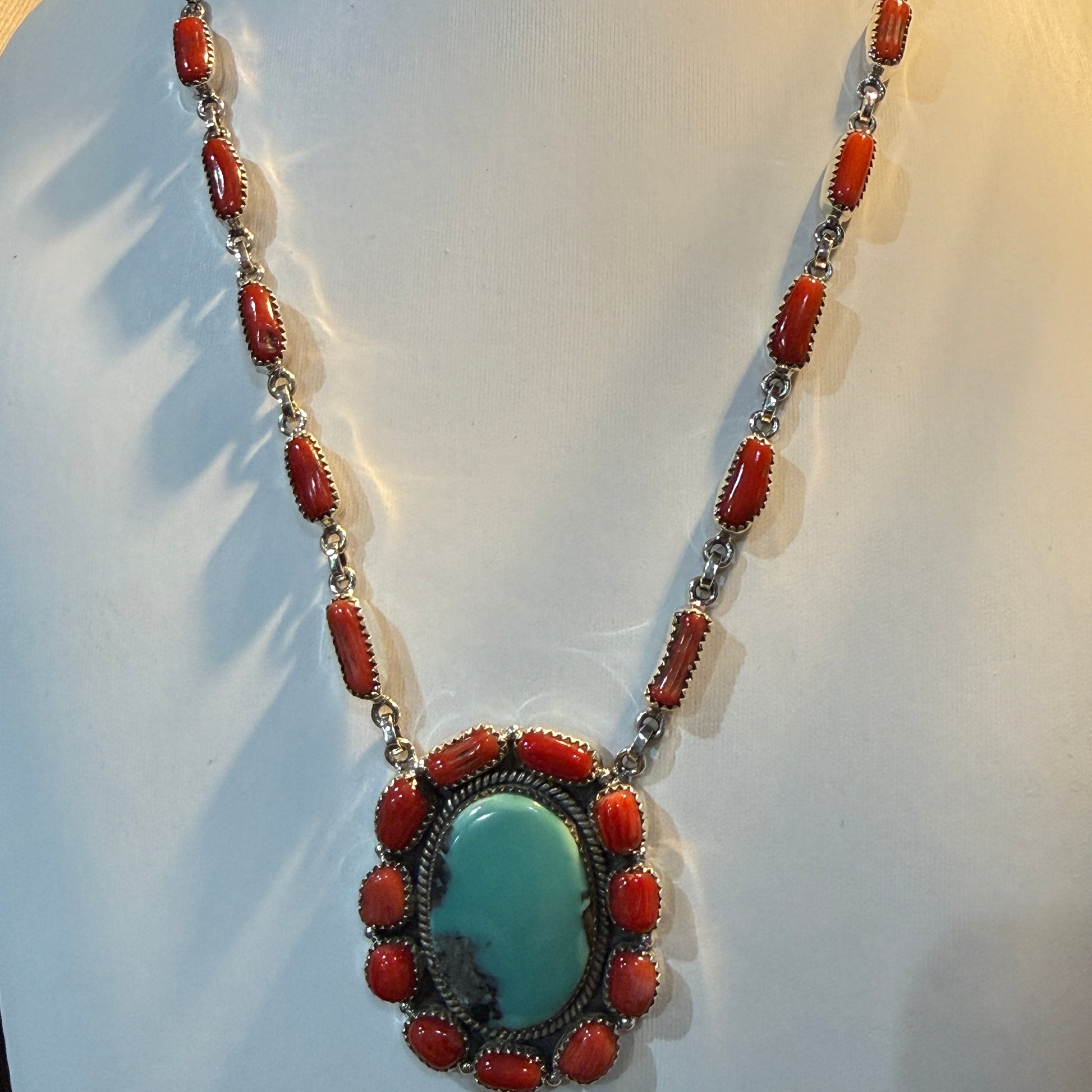 Kingman Turquoise and Mediterranean Coral Necklace, Sterling Silver Wild West Boho