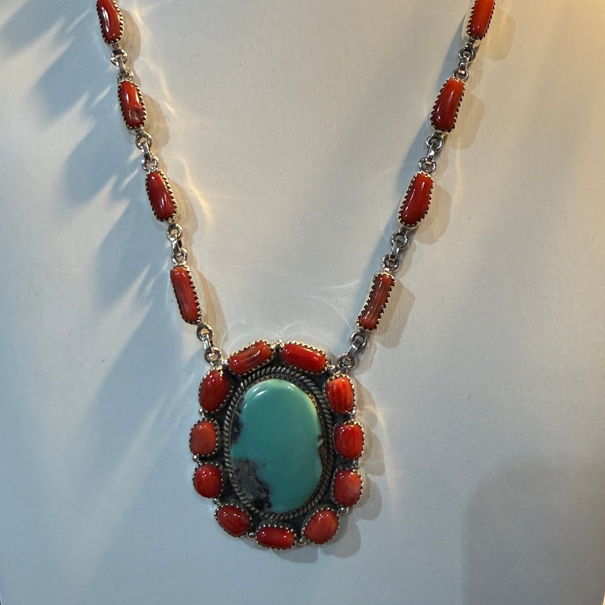Kingman Turquoise and Mediterranean Coral Necklace, Sterling Silver Wild West Boho