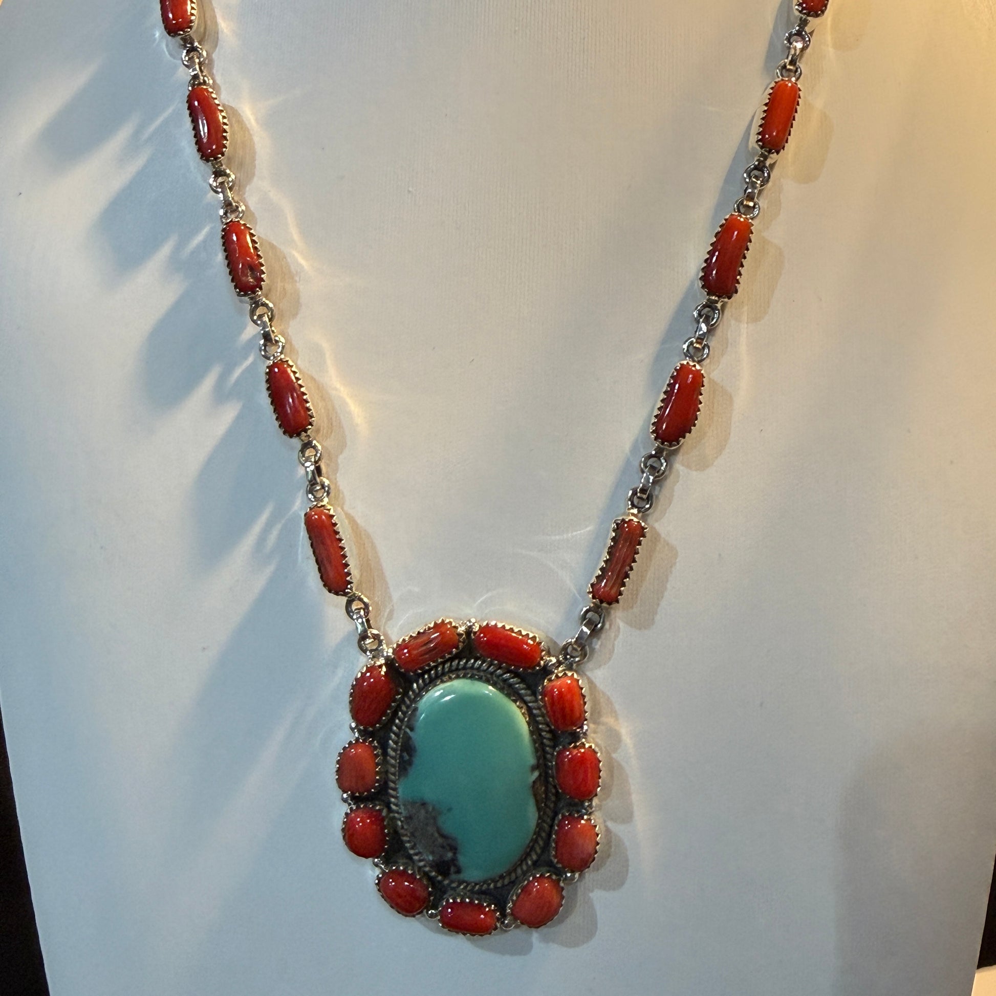 Kingman Turquoise and Mediterranean Coral Necklace, Sterling Silver Wild West Boho