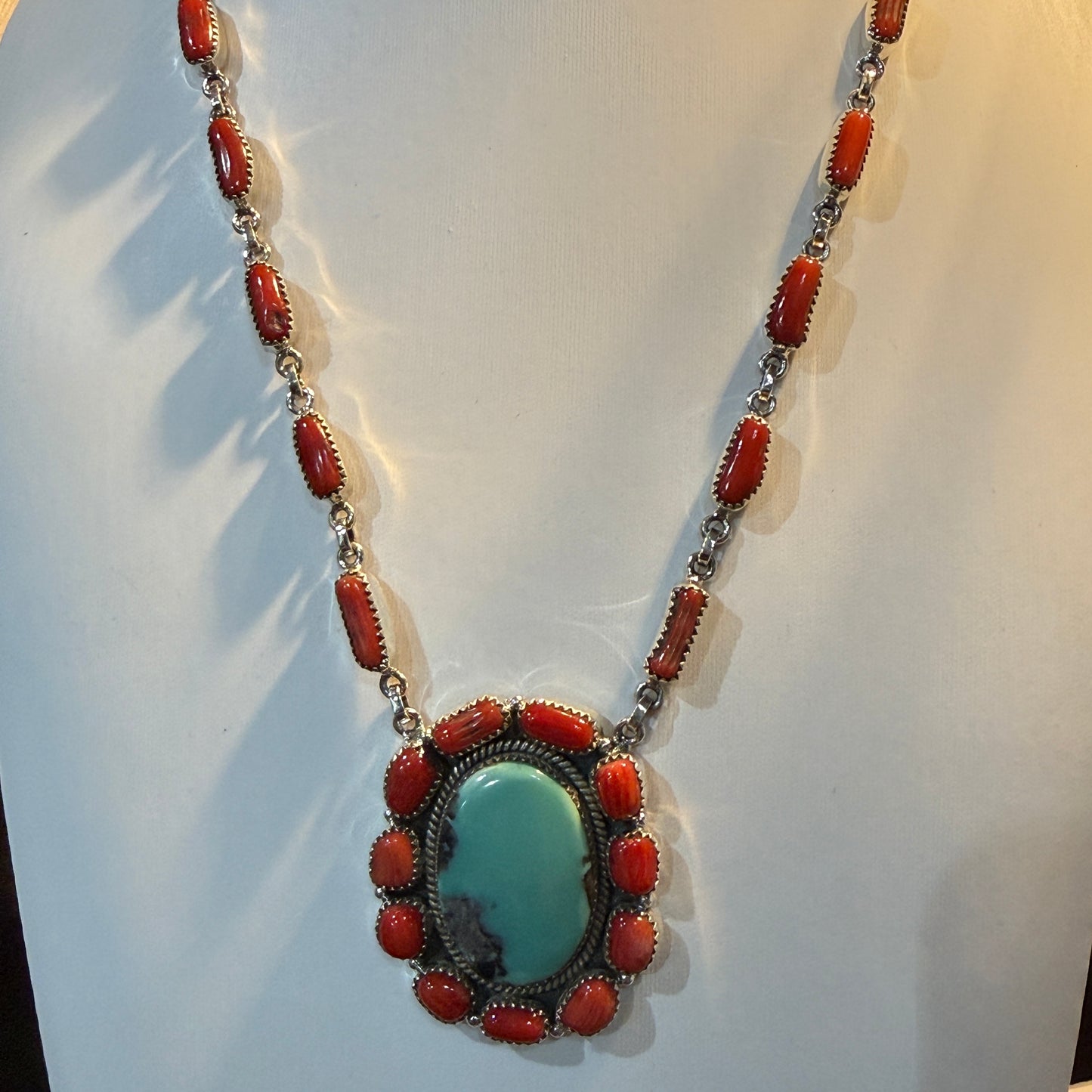 Kingman Turquoise and Mediterranean Coral Necklace, Sterling Silver Wild West Boho