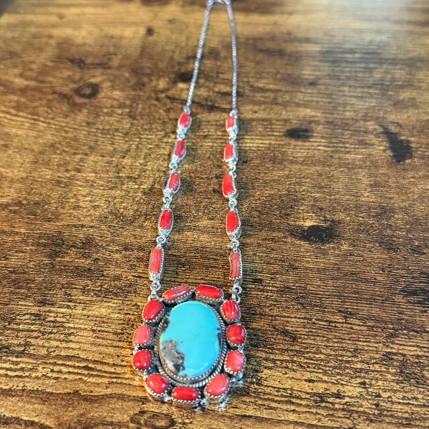 Kingman Turquoise and Mediterranean Coral Necklace, Sterling Silver Wild West Boho