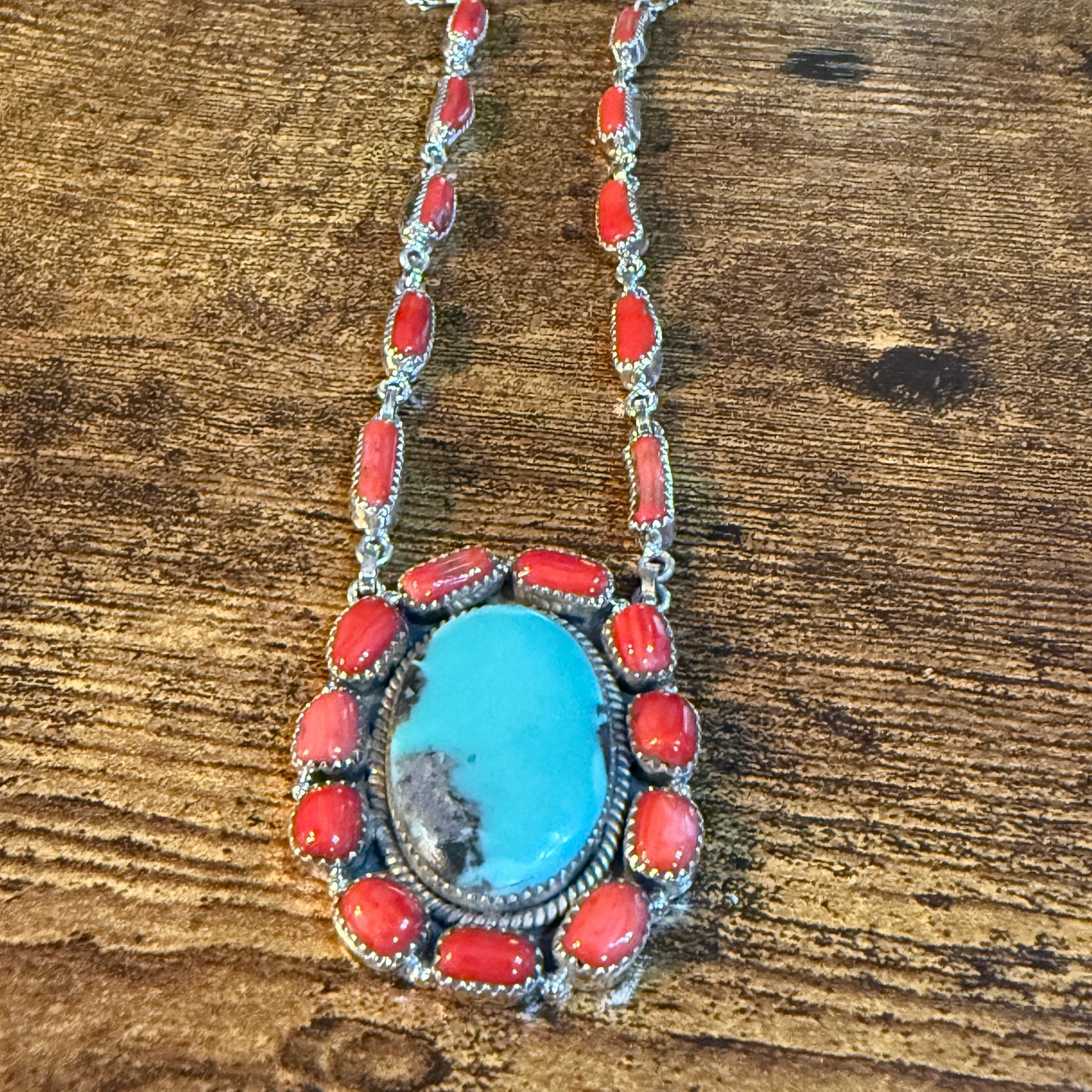 Kingman Turquoise and Mediterranean Coral Necklace, Sterling Silver Wild West Boho