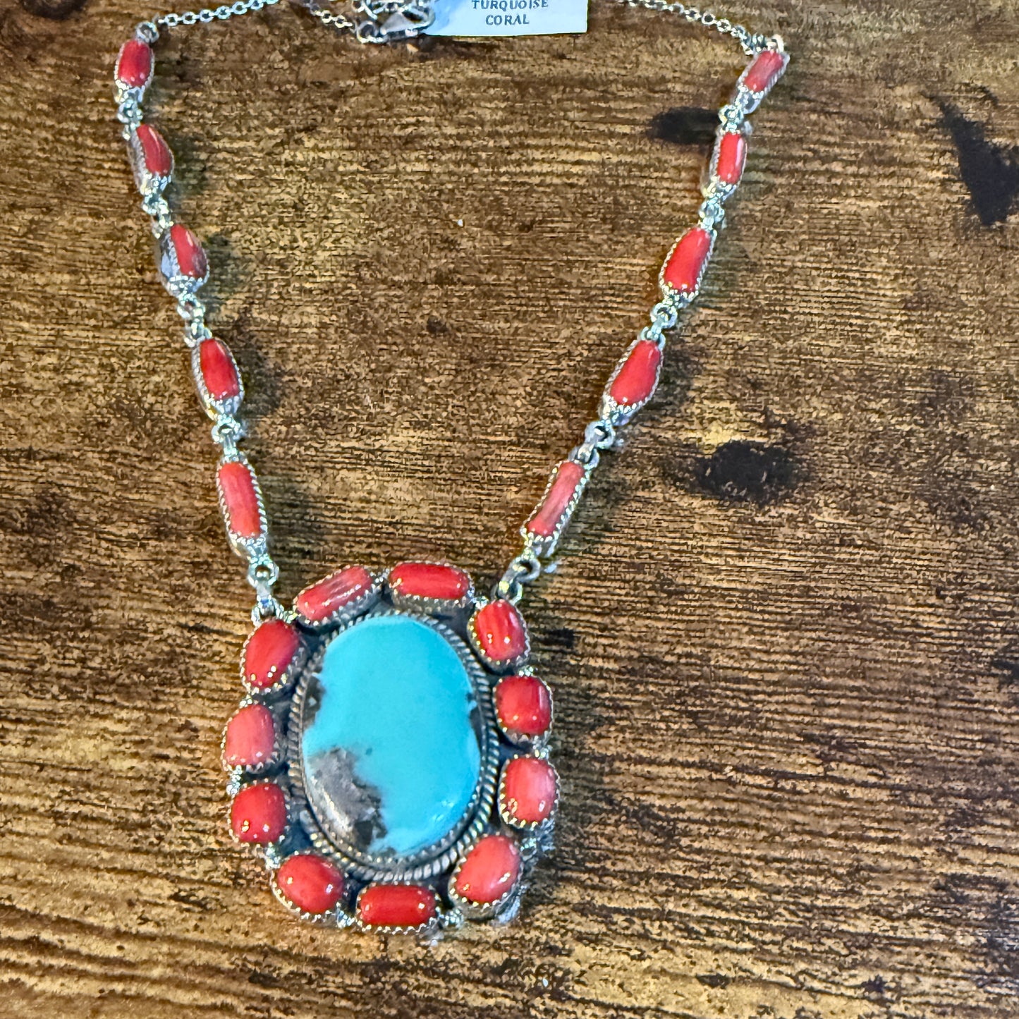 Kingman Turquoise and Mediterranean Coral Necklace, Sterling Silver Wild West Boho