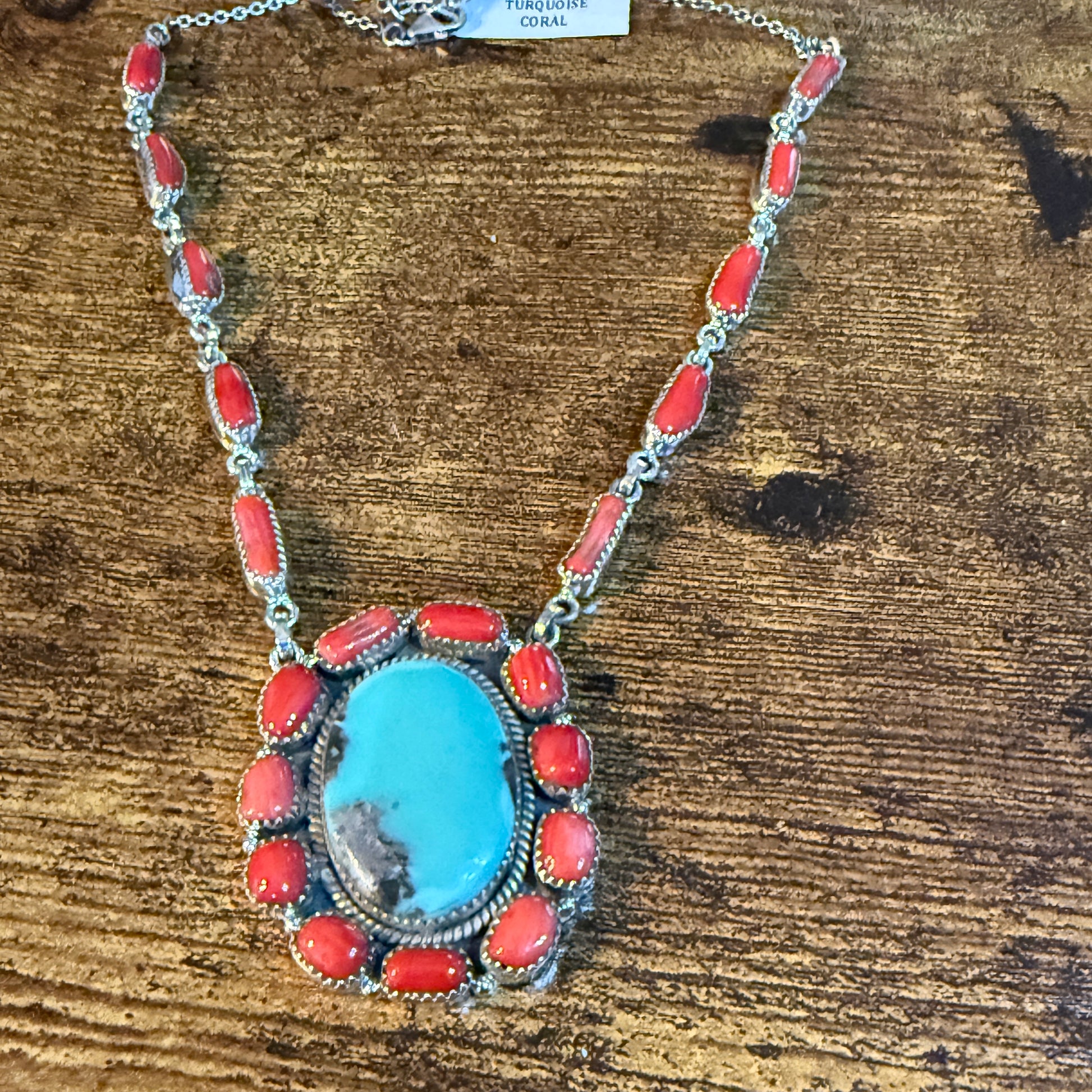 Kingman Turquoise and Mediterranean Coral Necklace, Sterling Silver Wild West Boho