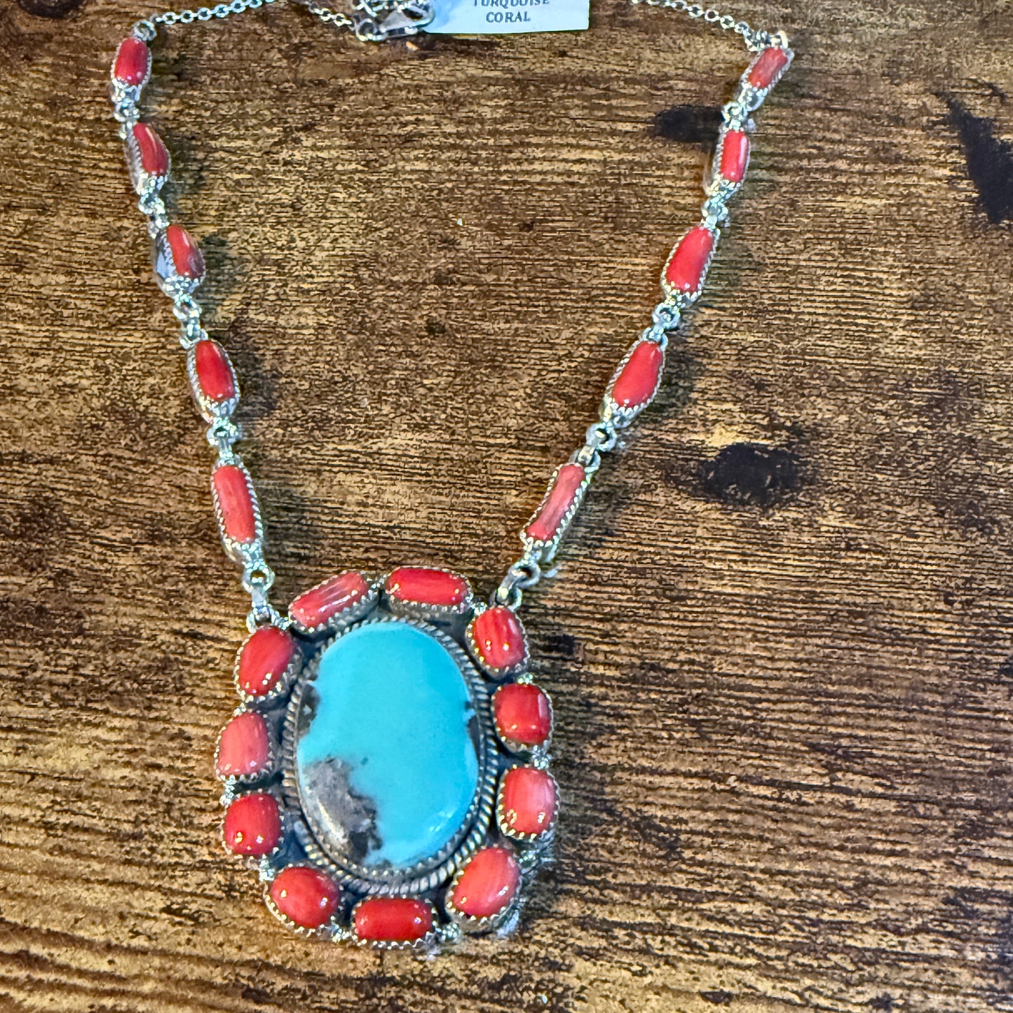 Kingman Turquoise and Mediterranean Coral Necklace, Sterling Silver Wild West Boho