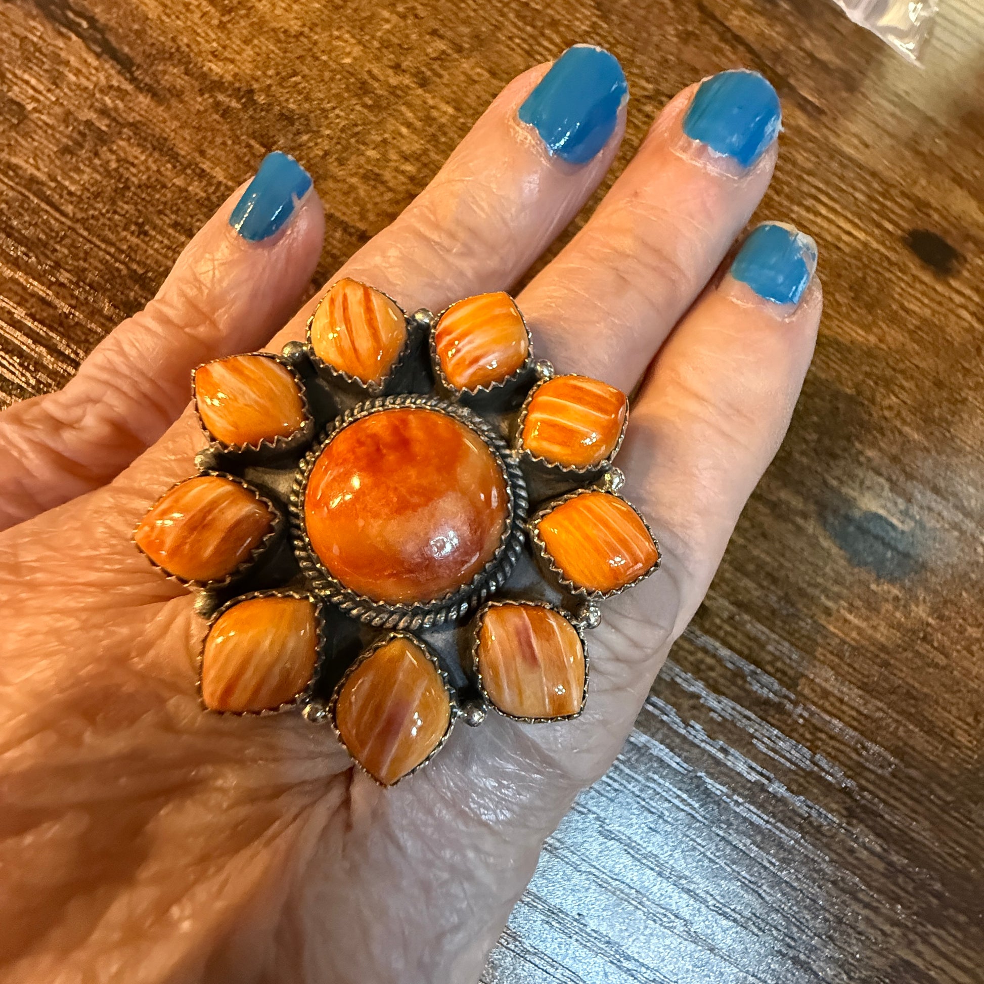 Orange Spiny Turquoise Oversized Adjustable Ring, Sterling Silver Wild West Boho