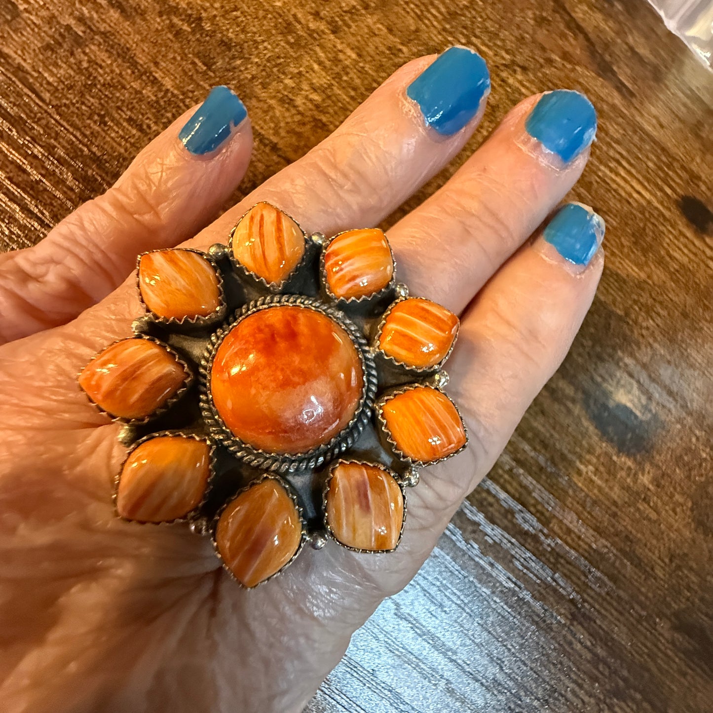 Orange Spiny Turquoise Oversized Adjustable Ring, Sterling Silver Wild West Boho