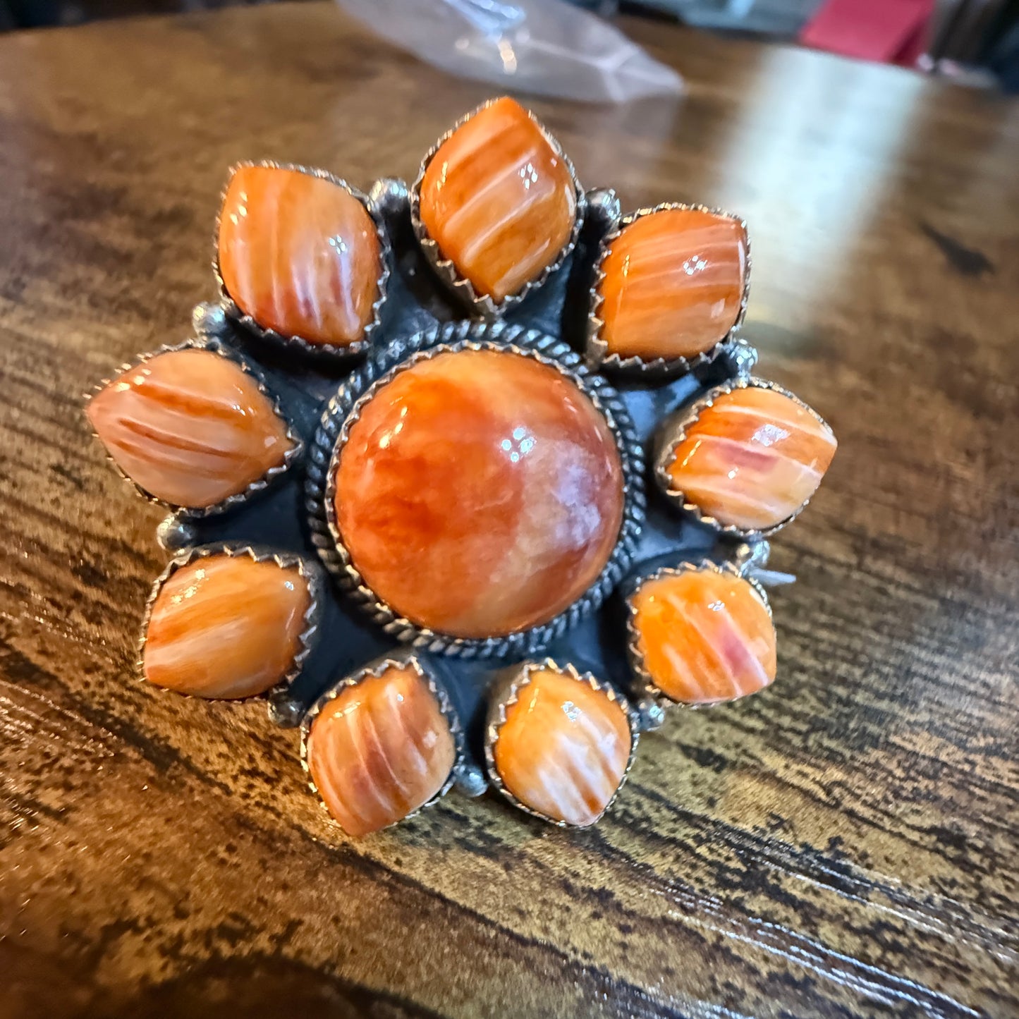 Orange Spiny Turquoise Oversized Adjustable Ring, Sterling Silver Wild West Boho