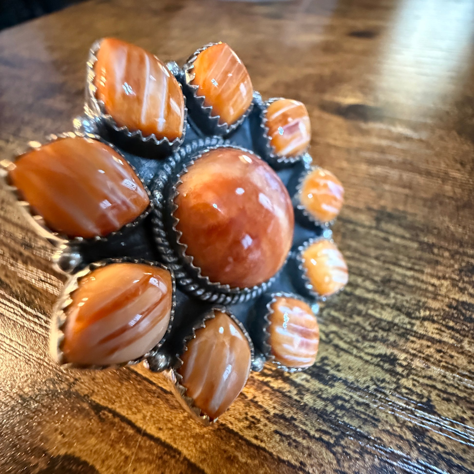 Orange Spiny Turquoise Oversized Adjustable Ring, Sterling Silver Wild West Boho