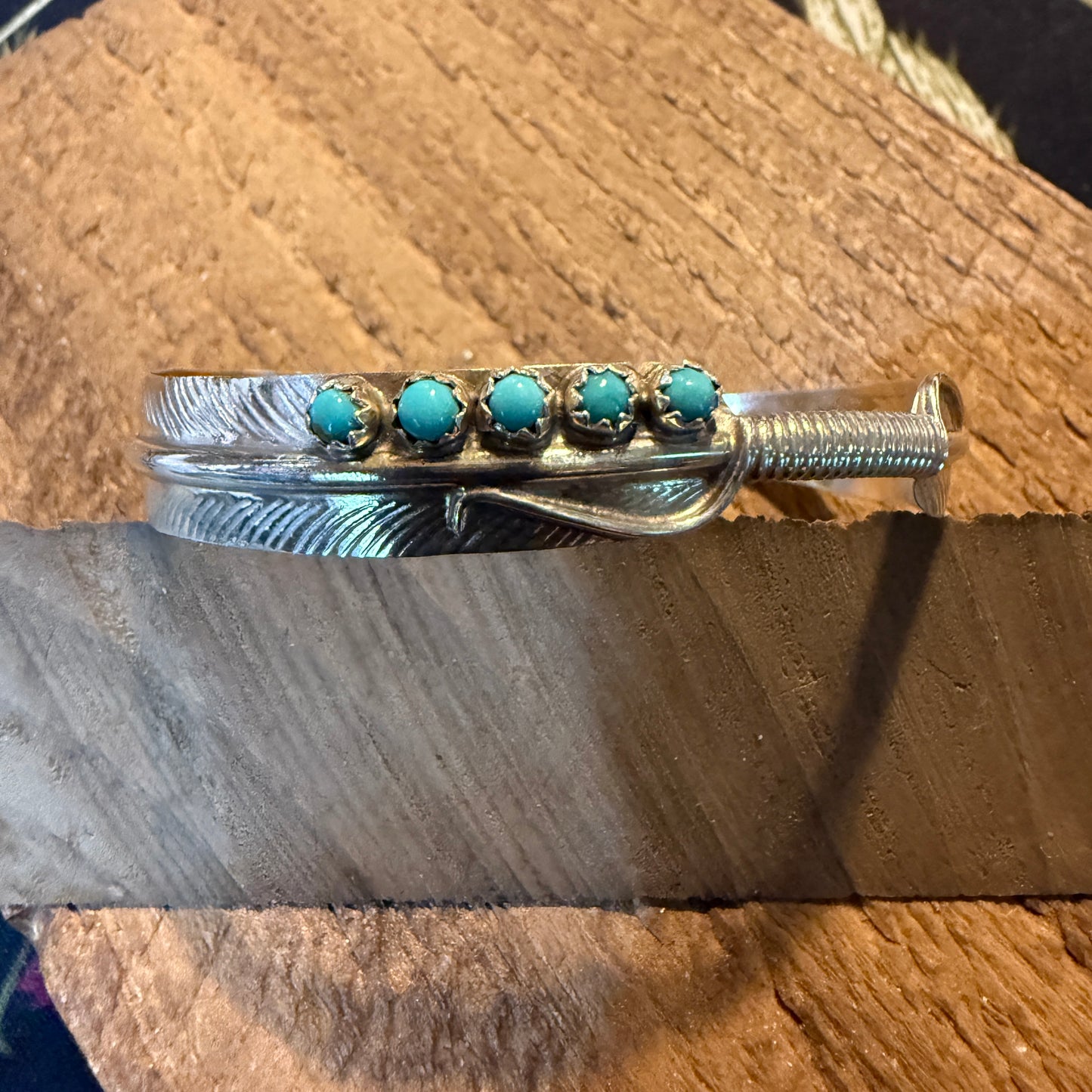 Kingman Turquoise and Sterling Silver Feather Flex Bangle Wild West Boho