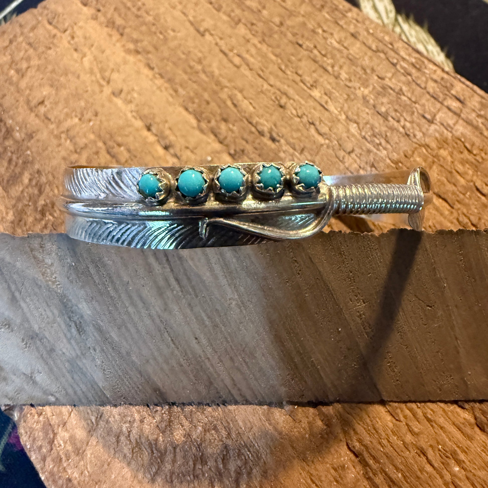 Kingman Turquoise and Sterling Silver Feather Flex Bangle Wild West Boho