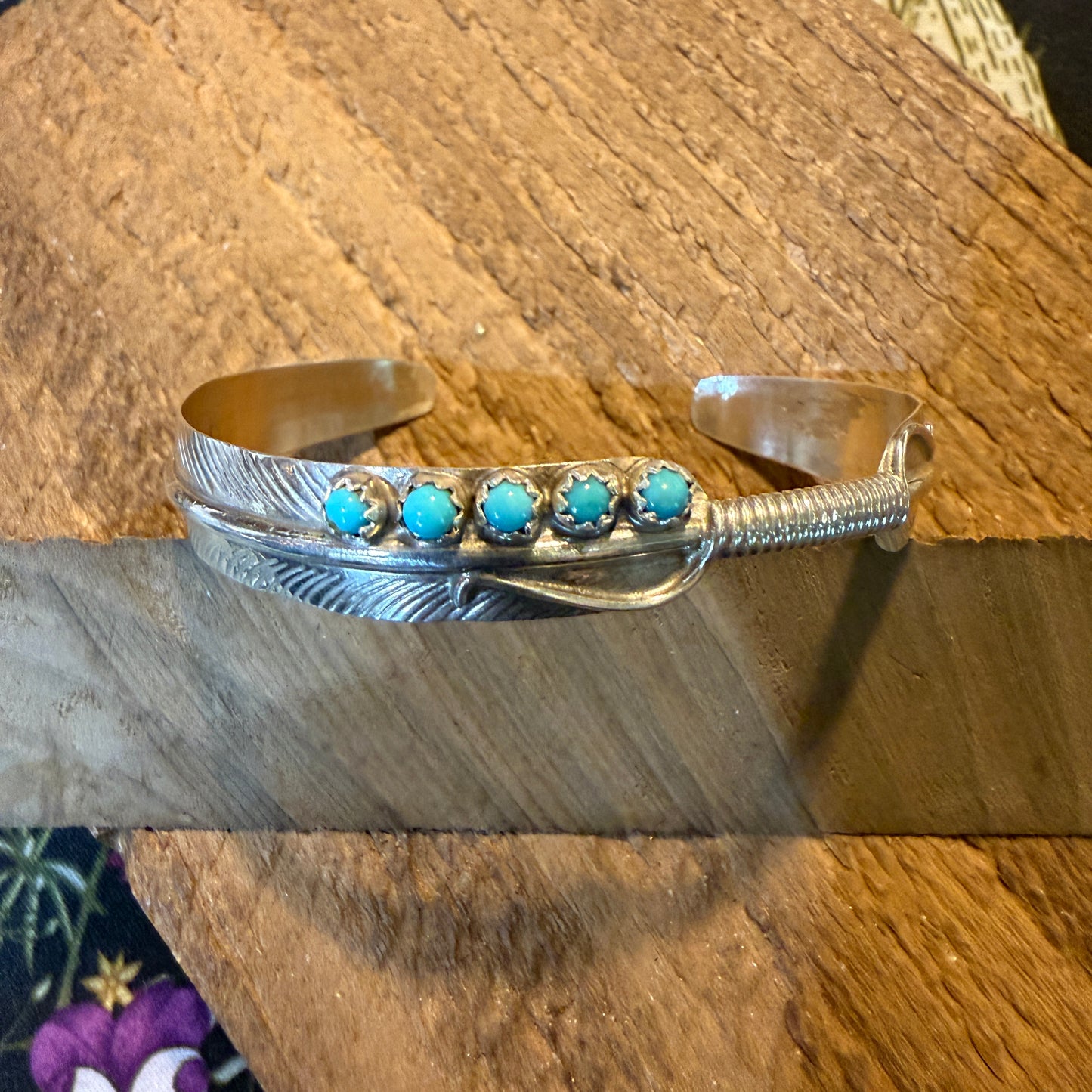 Kingman Turquoise and Sterling Silver Feather Flex Bangle Wild West Boho