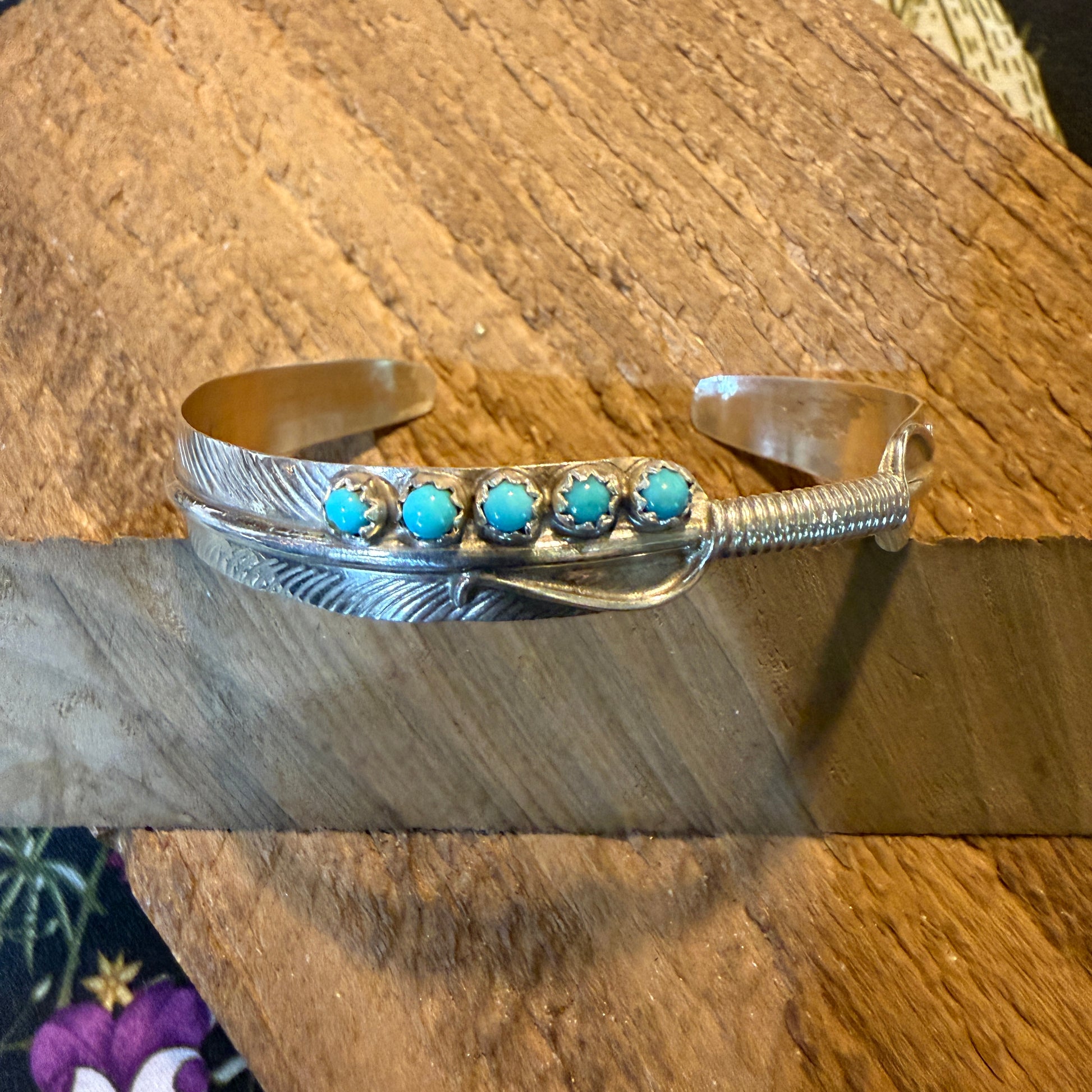Kingman Turquoise and Sterling Silver Feather Flex Bangle Wild West Boho