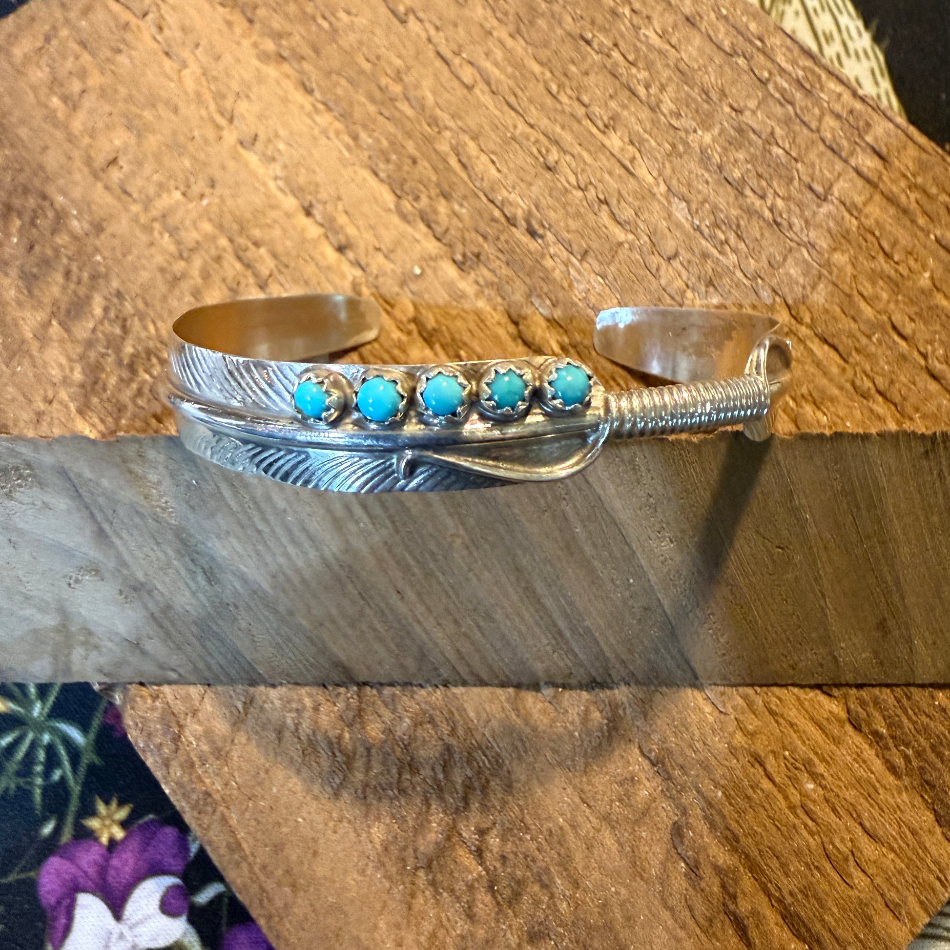 Kingman Turquoise and Sterling Silver Feather Flex Bangle Wild West Boho