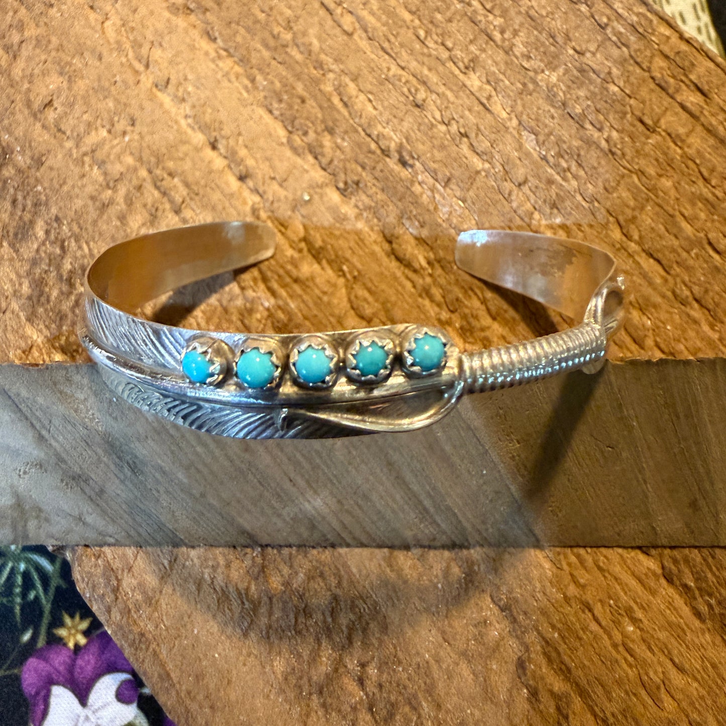 Kingman Turquoise and Sterling Silver Feather Flex Bangle Wild West Boho