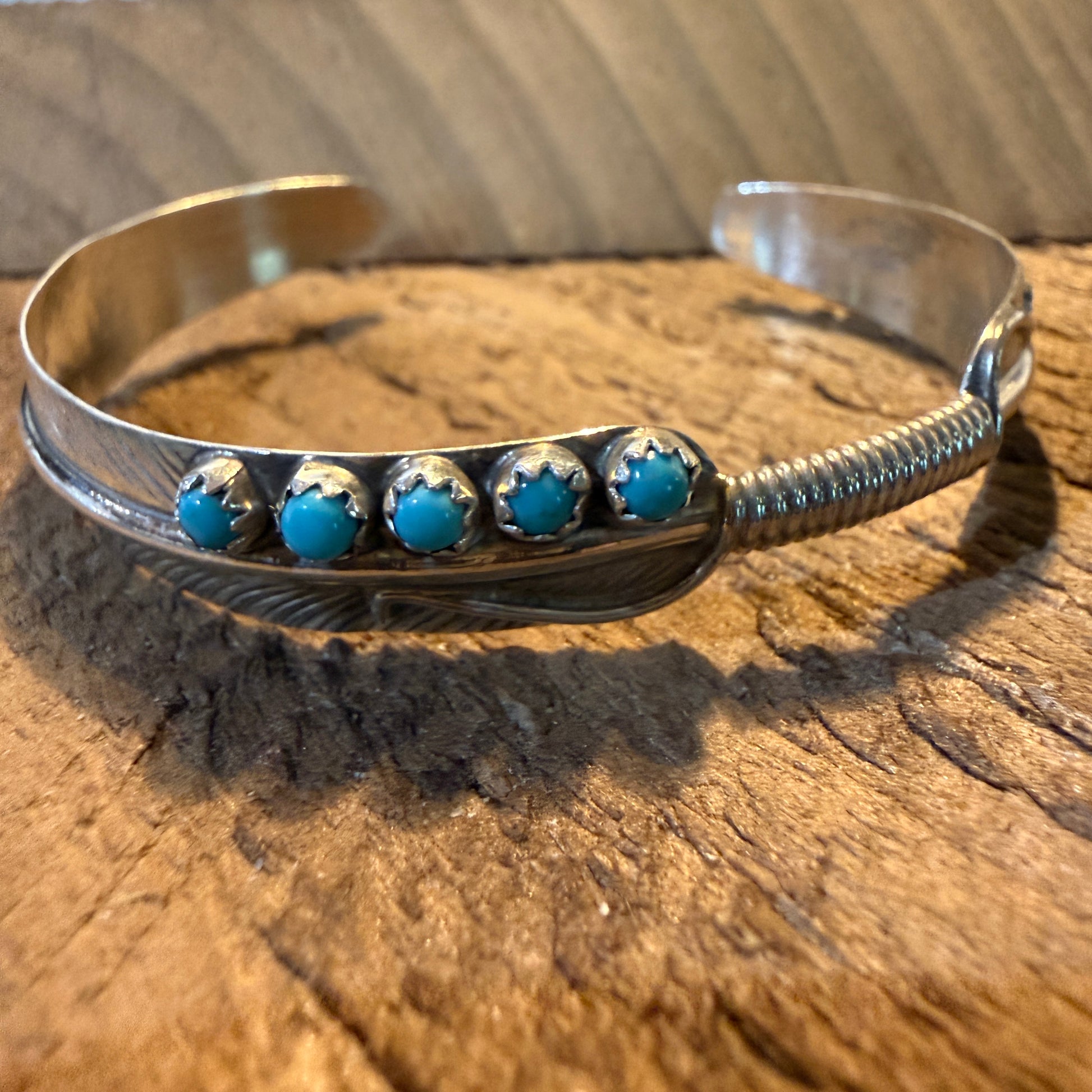 Kingman Turquoise and Sterling Silver Feather Flex Bangle Wild West Boho