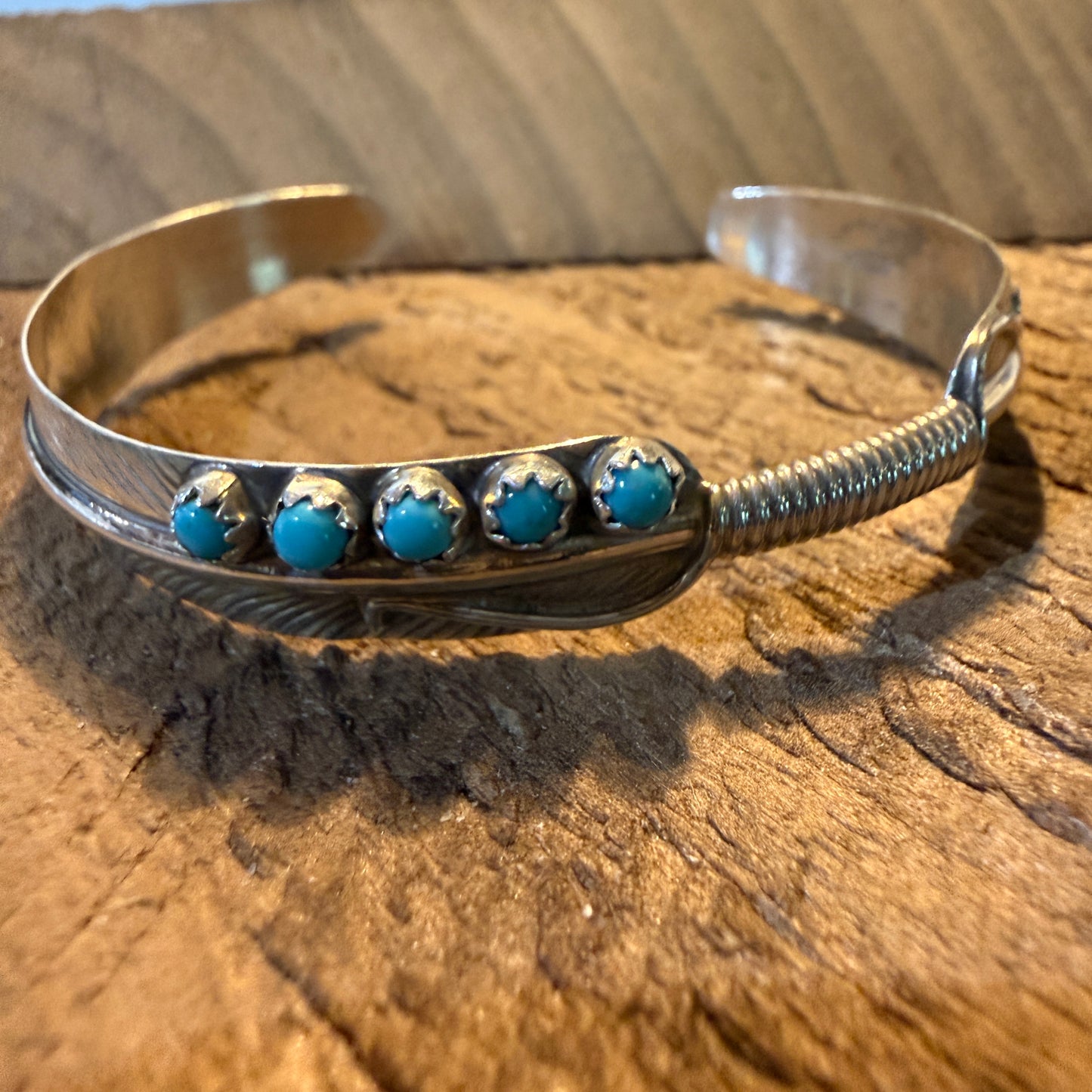 Kingman Turquoise and Sterling Silver Feather Flex Bangle Wild West Boho
