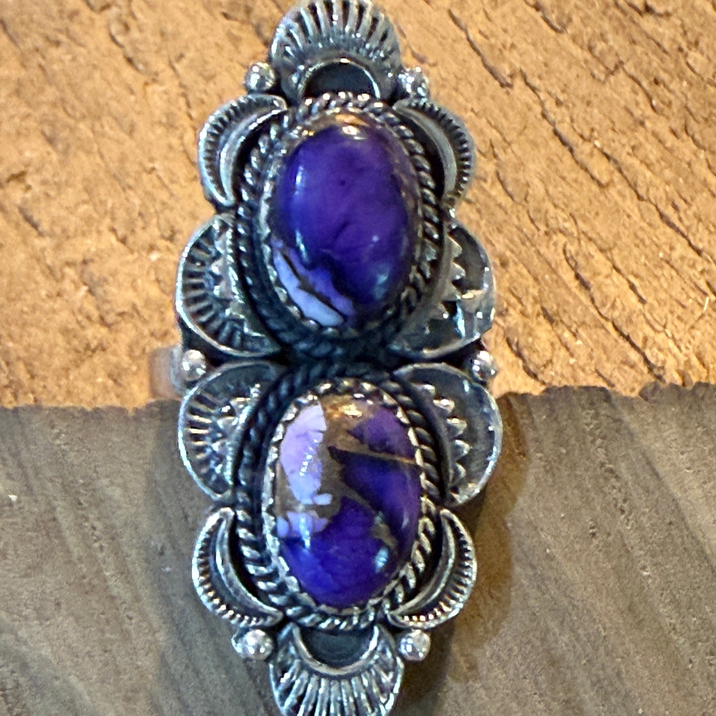 Purple Spiny Gemstone Double Stone Adjustable Ring in Sterling Silver Wild West Boho
