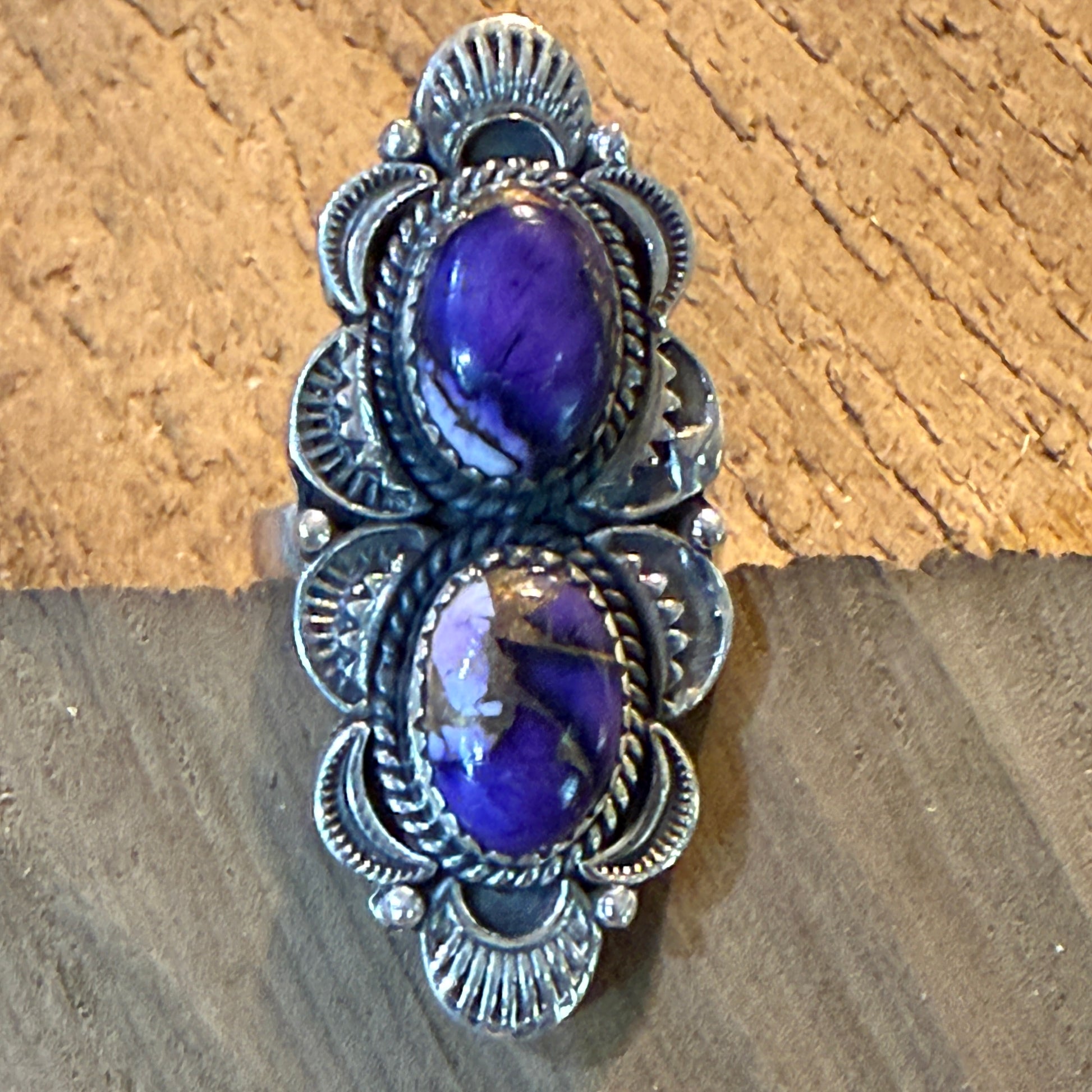 Purple Spiny Gemstone Double Stone Adjustable Ring in Sterling Silver Wild West Boho