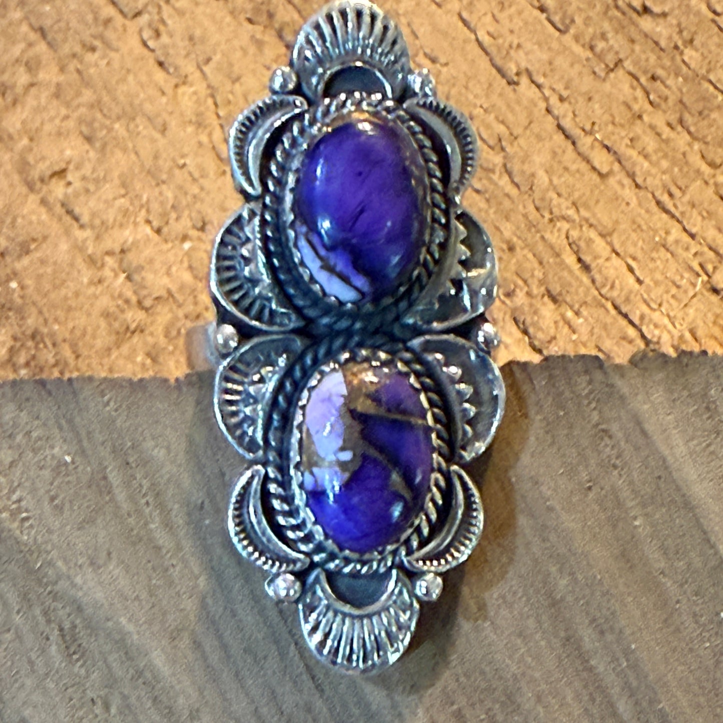 Purple Spiny Gemstone Double Stone Adjustable Ring in Sterling Silver Wild West Boho