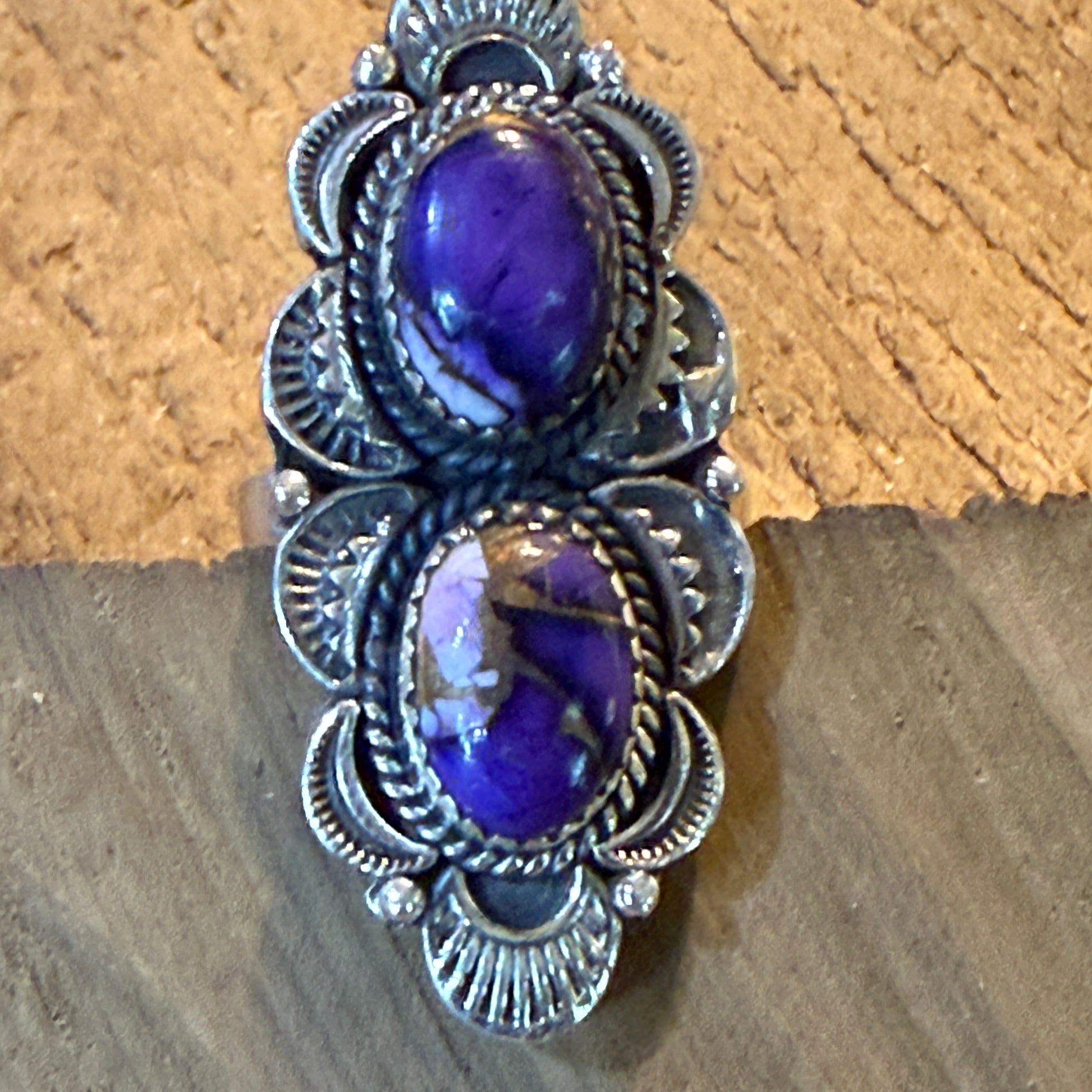 Purple Spiny Gemstone Double Stone Adjustable Ring in Sterling Silver Wild West Boho