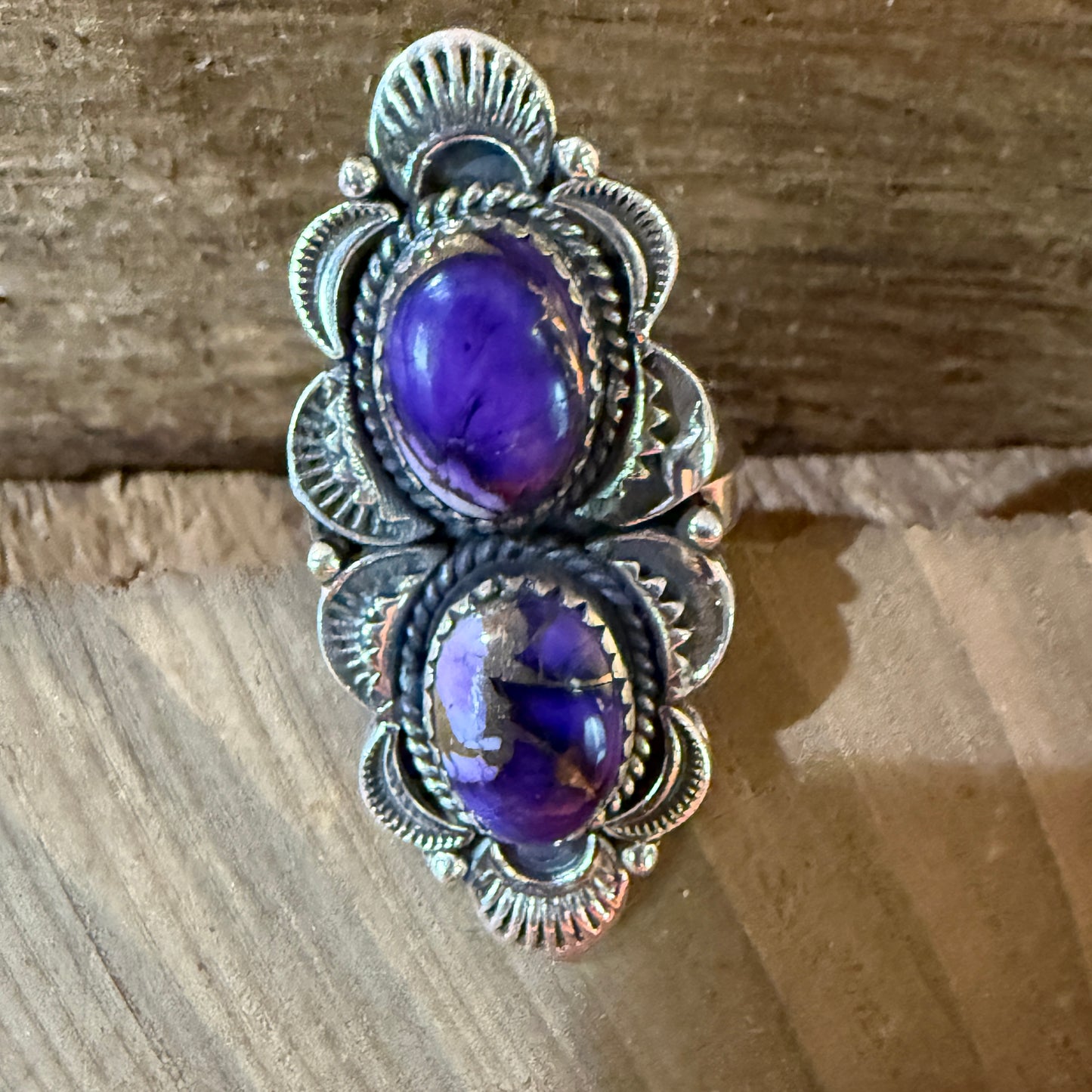 Purple Spiny Gemstone Double Stone Adjustable Ring in Sterling Silver Wild West Boho