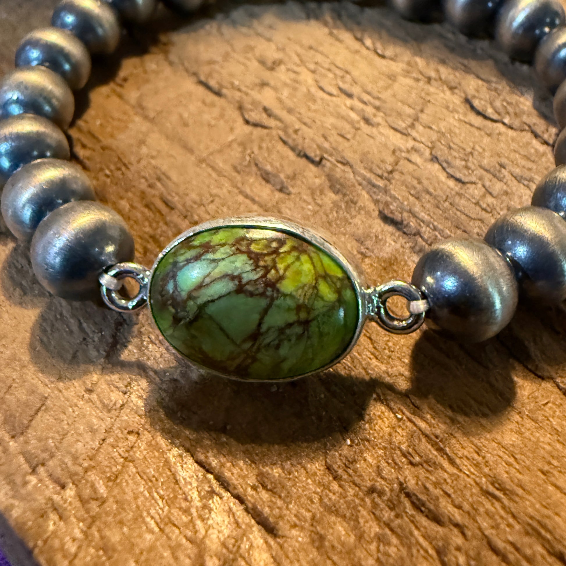 Spider Web Turquoise Gemstone 6mm Desert Pearls Stretch Bracelet, Sterling Silver 7 Inch Wild West Boho