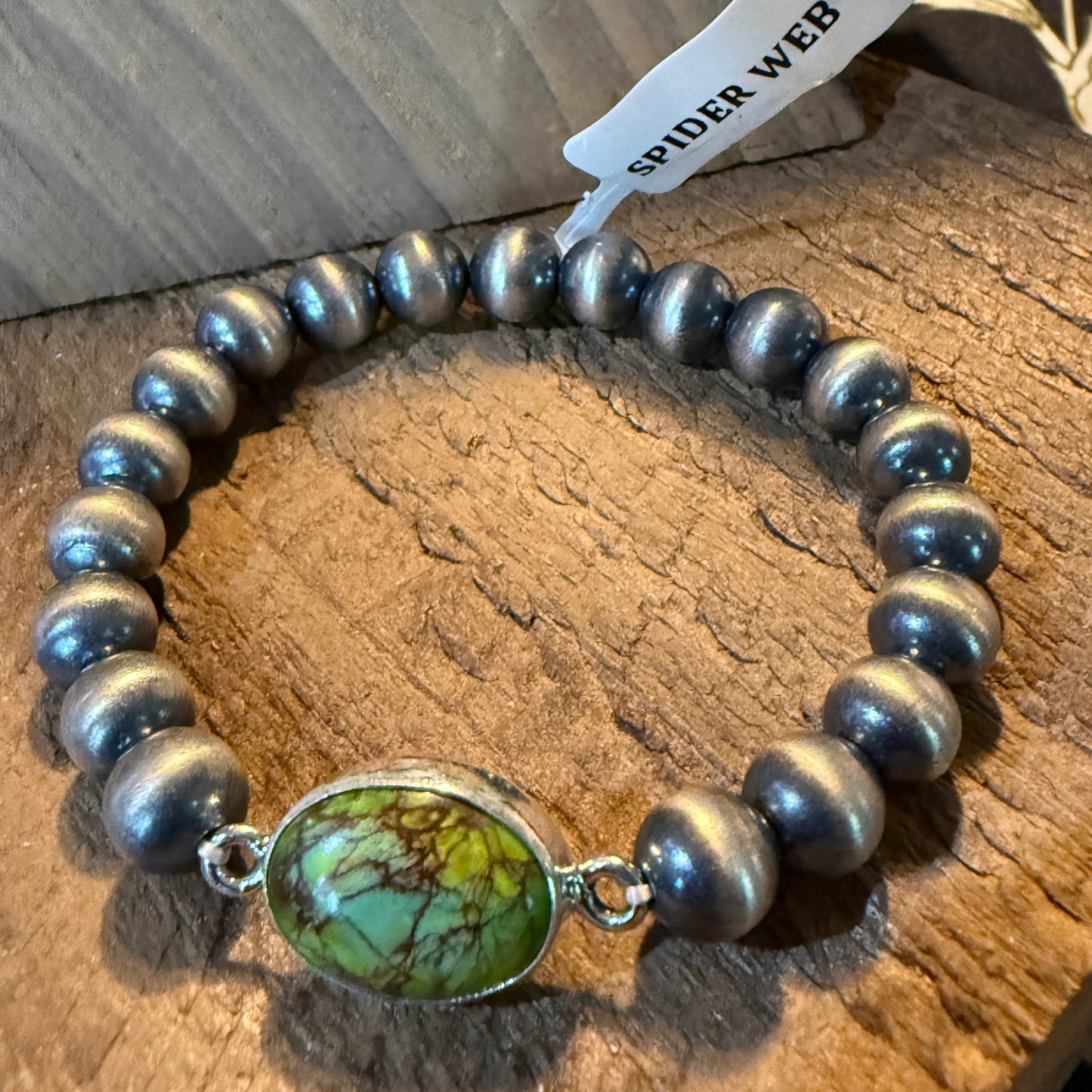 Spider Web Turquoise Gemstone 6mm Desert Pearls Stretch Bracelet, Sterling Silver 7 Inch Wild West Boho