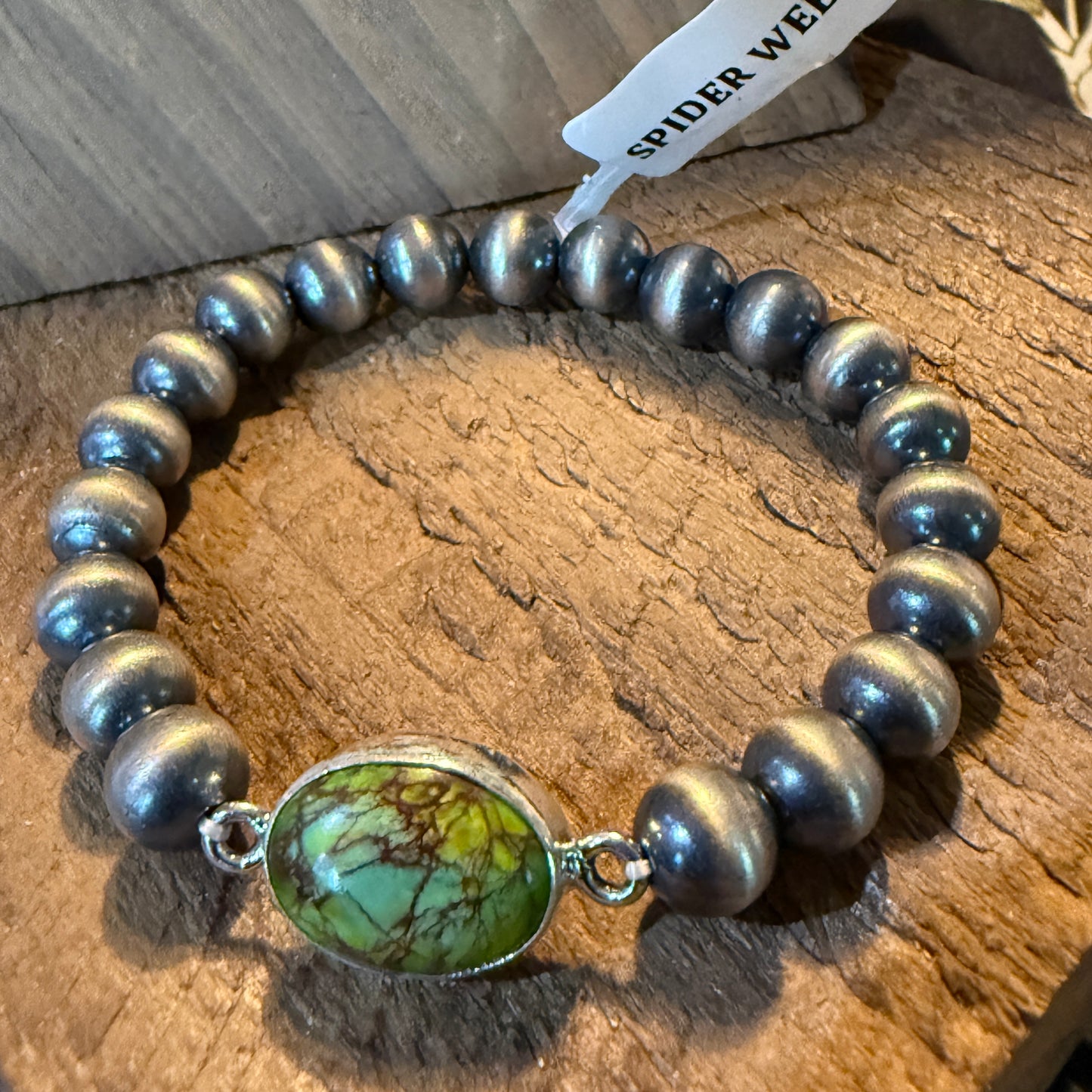 Spider Web Turquoise Gemstone 6mm Desert Pearls Stretch Bracelet, Sterling Silver 7 Inch Wild West Boho